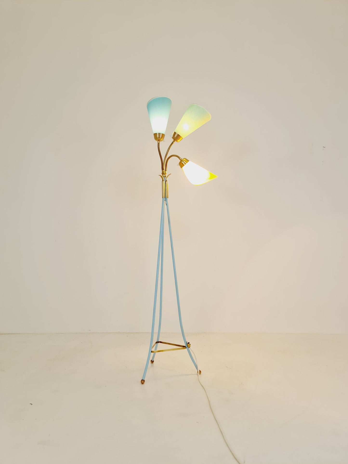 German Modern Colorful three flex arms brass floor lamp, tütenlampe, 1950s