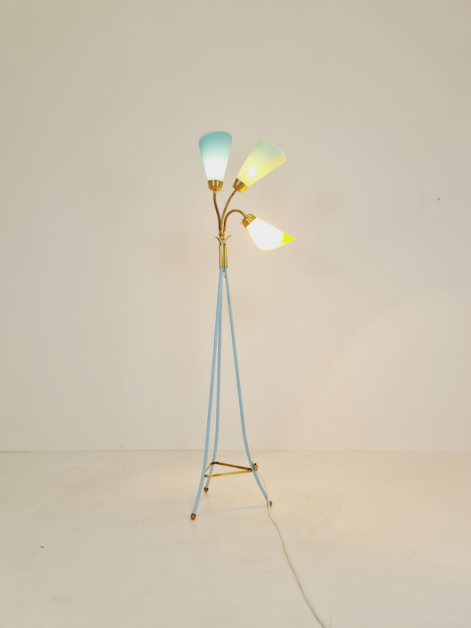 German Modern Colorful three flex arms brass floor lamp, tütenlampe, 1950s
