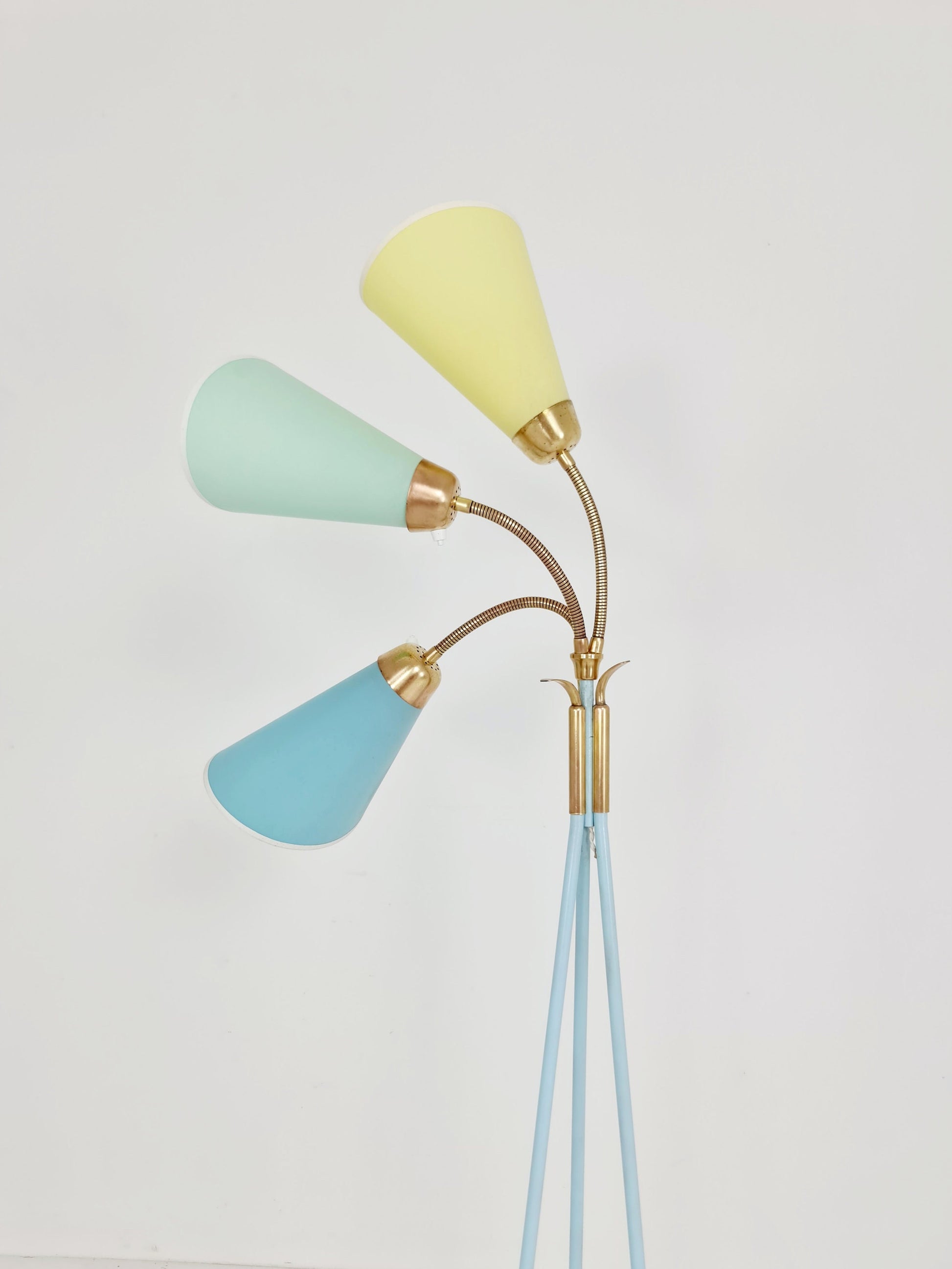 German Modern Colorful three flex arms brass floor lamp, tütenlampe, 1950s