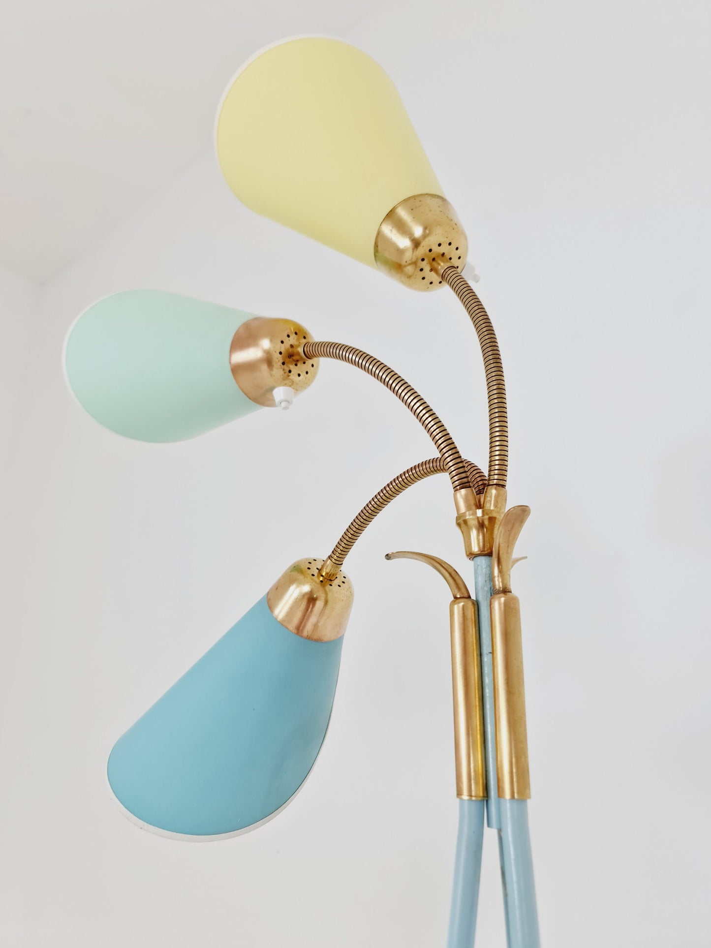 German Modern Colorful three flex arms brass floor lamp, tütenlampe, 1950s