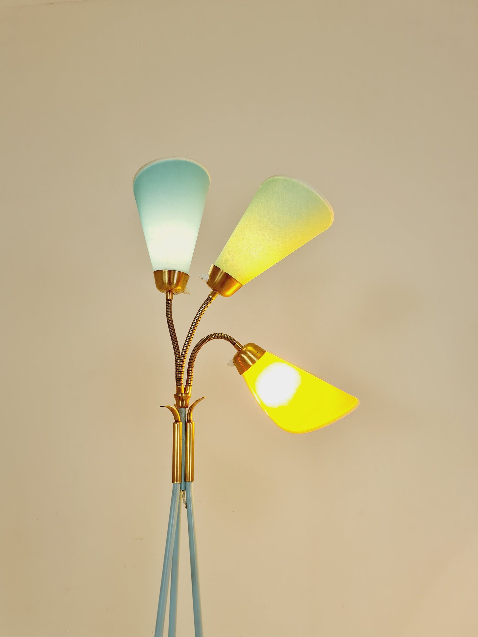 German Modern Colorful three flex arms brass floor lamp, tütenlampe, 1950s