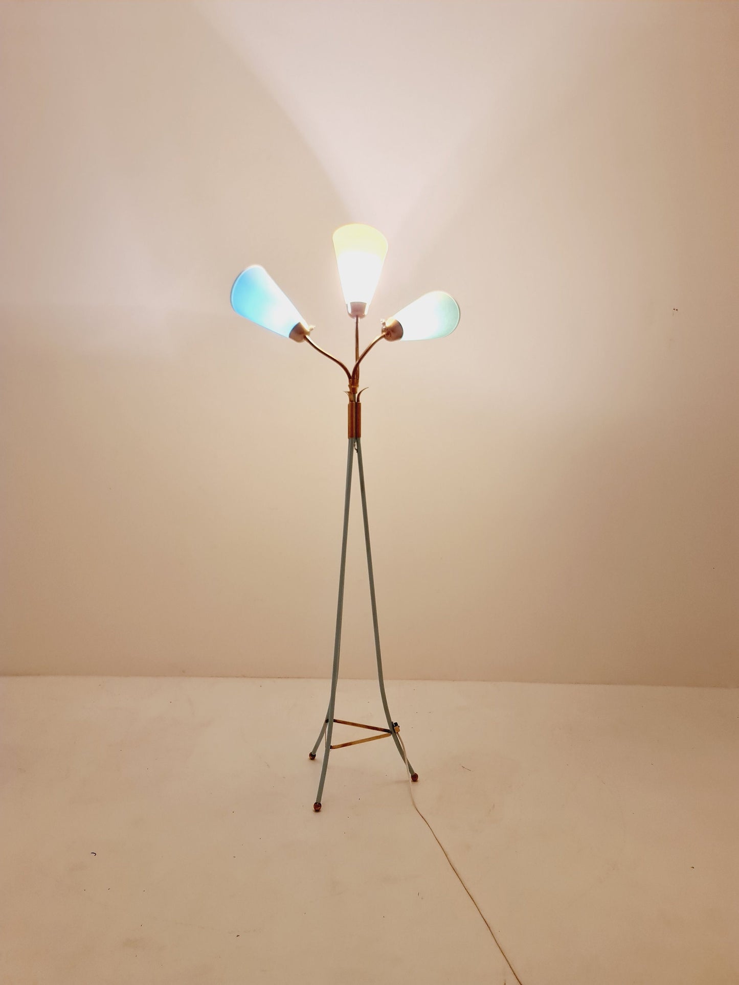 German Modern Colorful three flex arms brass floor lamp, tütenlampe, 1950s