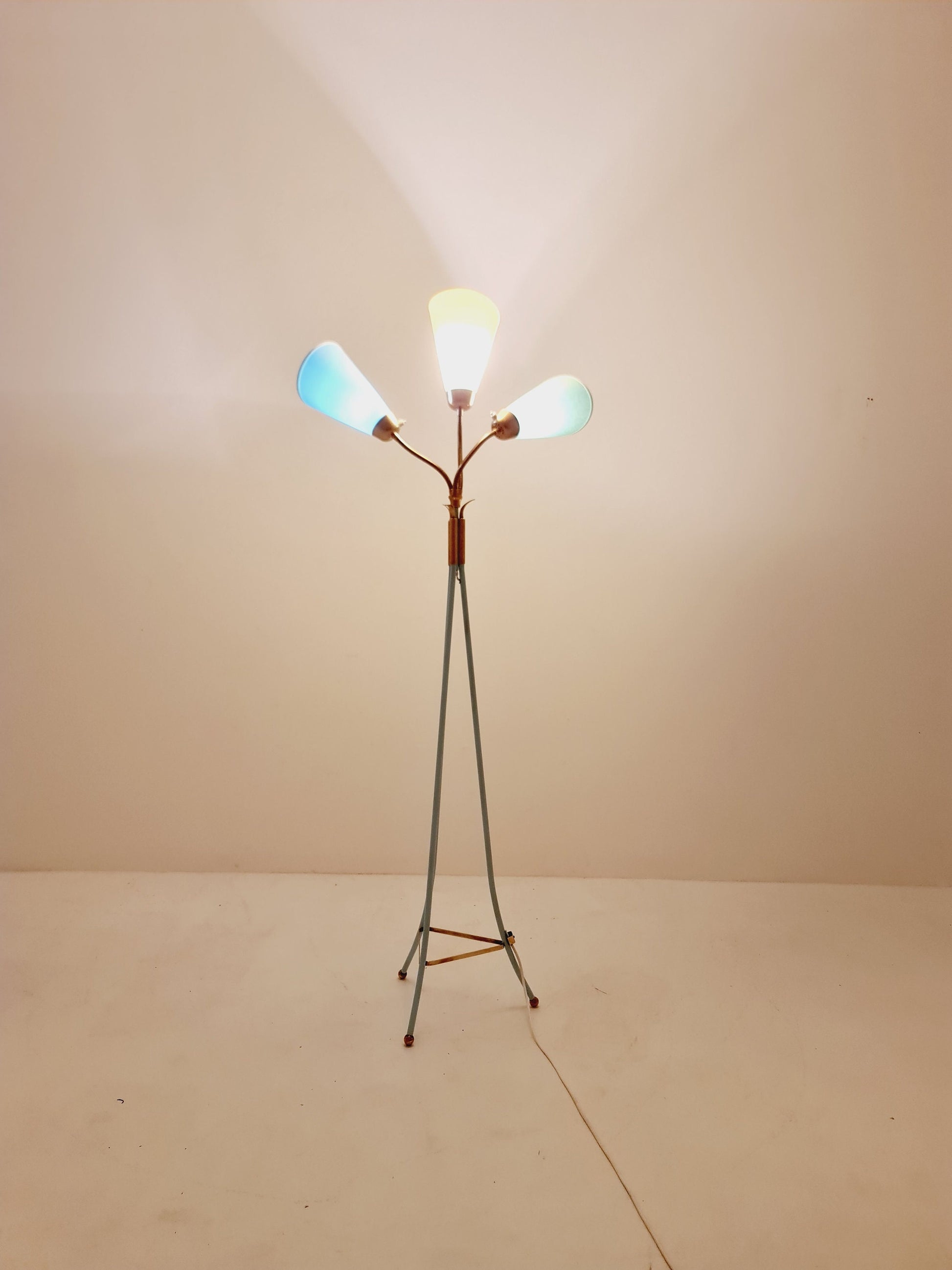 German Modern Colorful three flex arms brass floor lamp, tütenlampe, 1950s