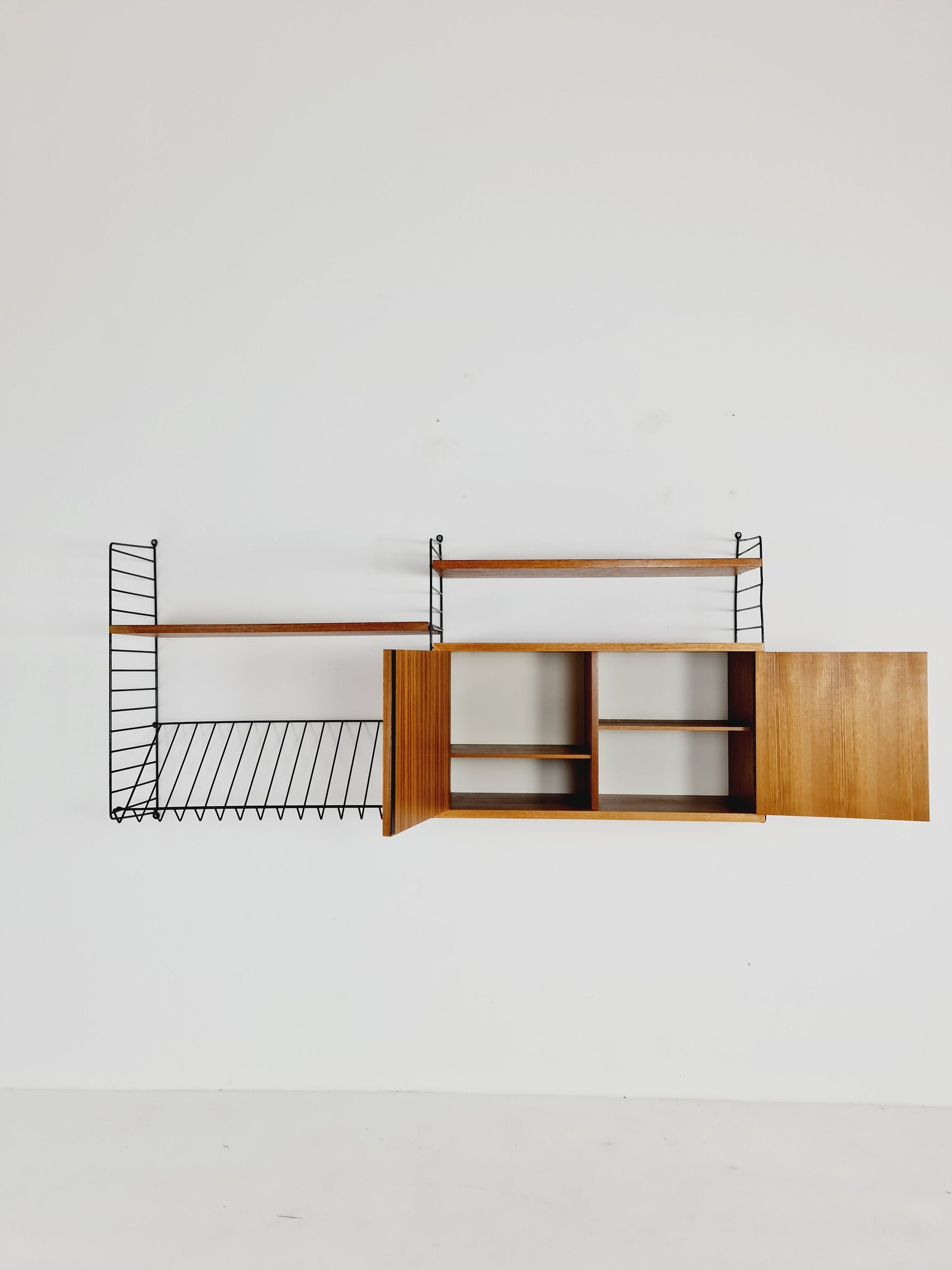 Wall-mounted original Swedish string shelf-system, bookcase cabinet teak by Nils & Kajsa Strinning, 1960s