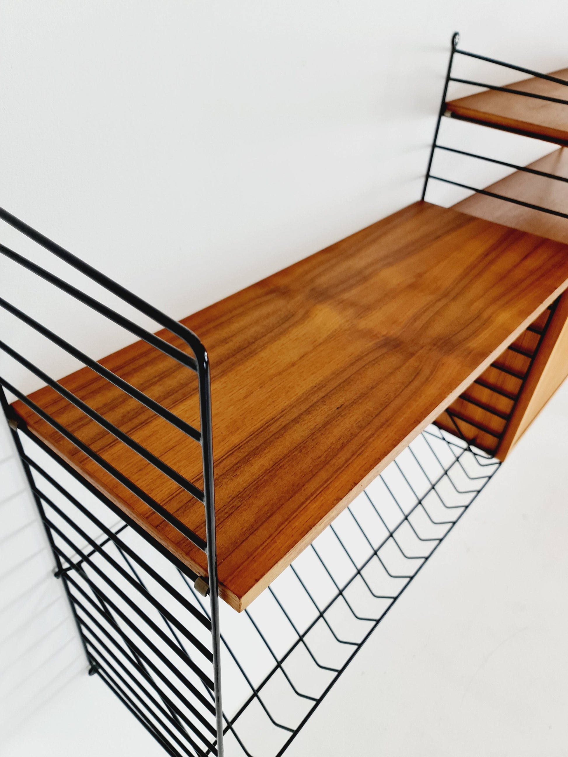 Wall-mounted original Swedish string shelf-system, bookcase cabinet teak by Nils & Kajsa Strinning, 1960s
