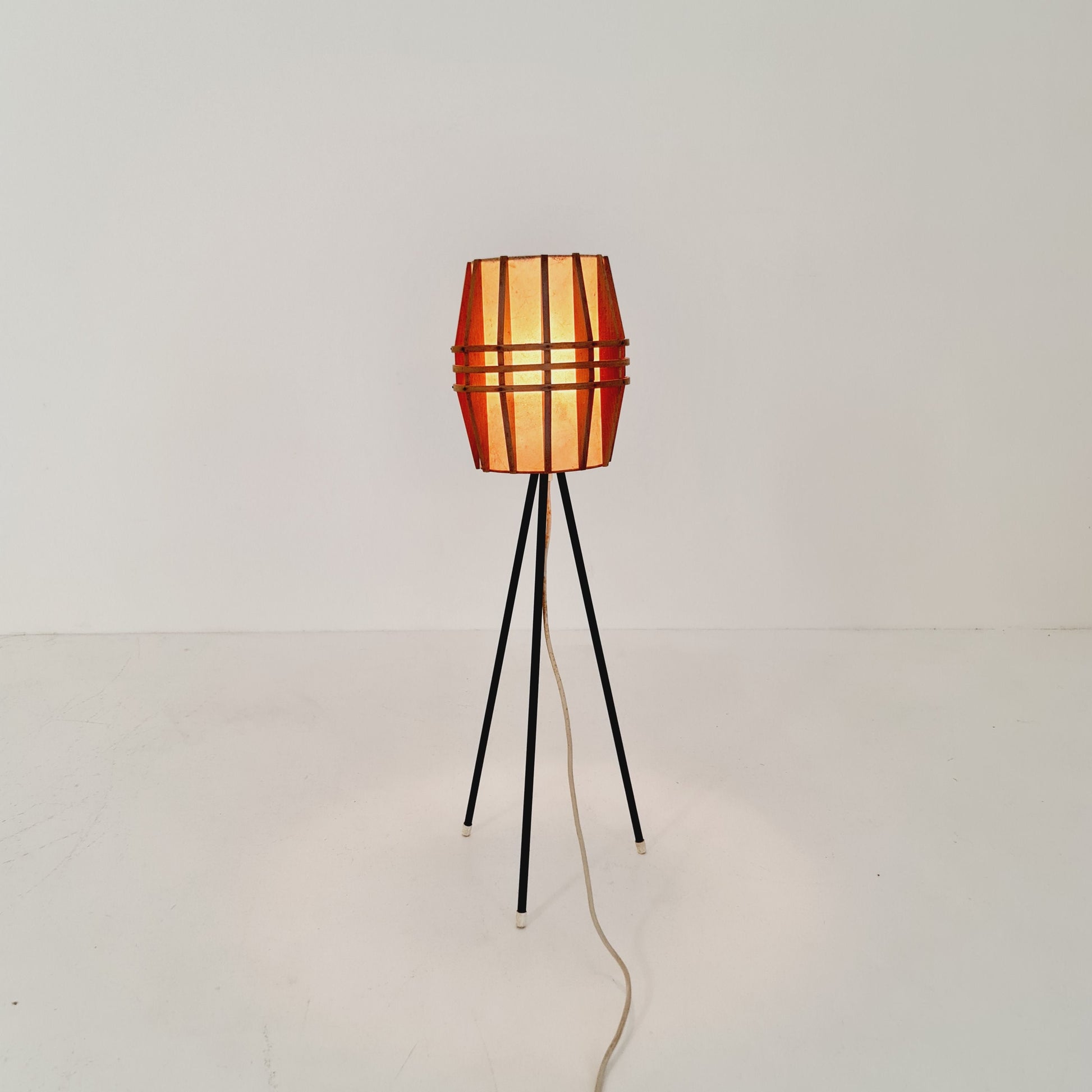 Mid century German tripod floor lamp pine wood veneer & metal, 1970s