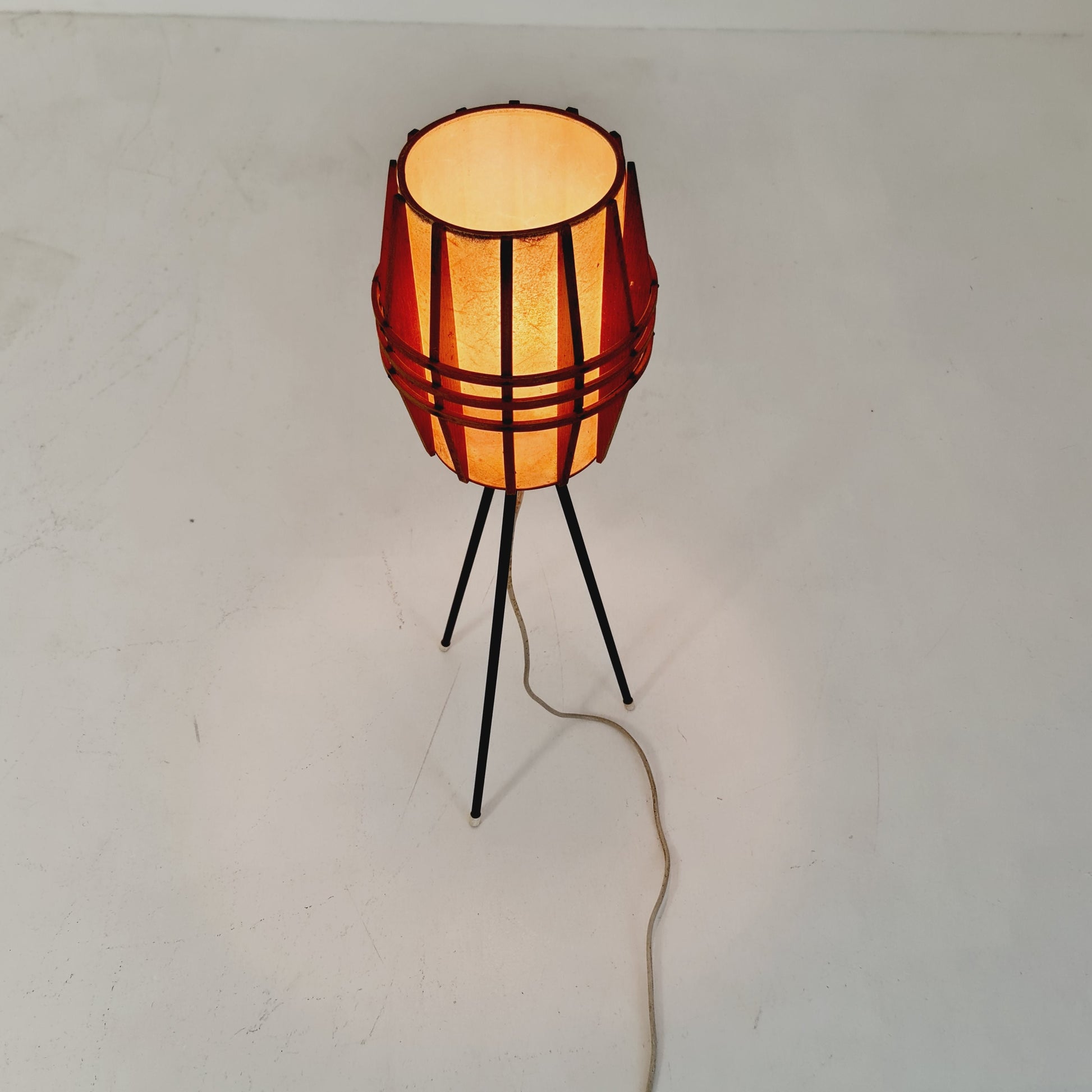 Mid century German tripod floor lamp pine wood veneer & metal, 1970s