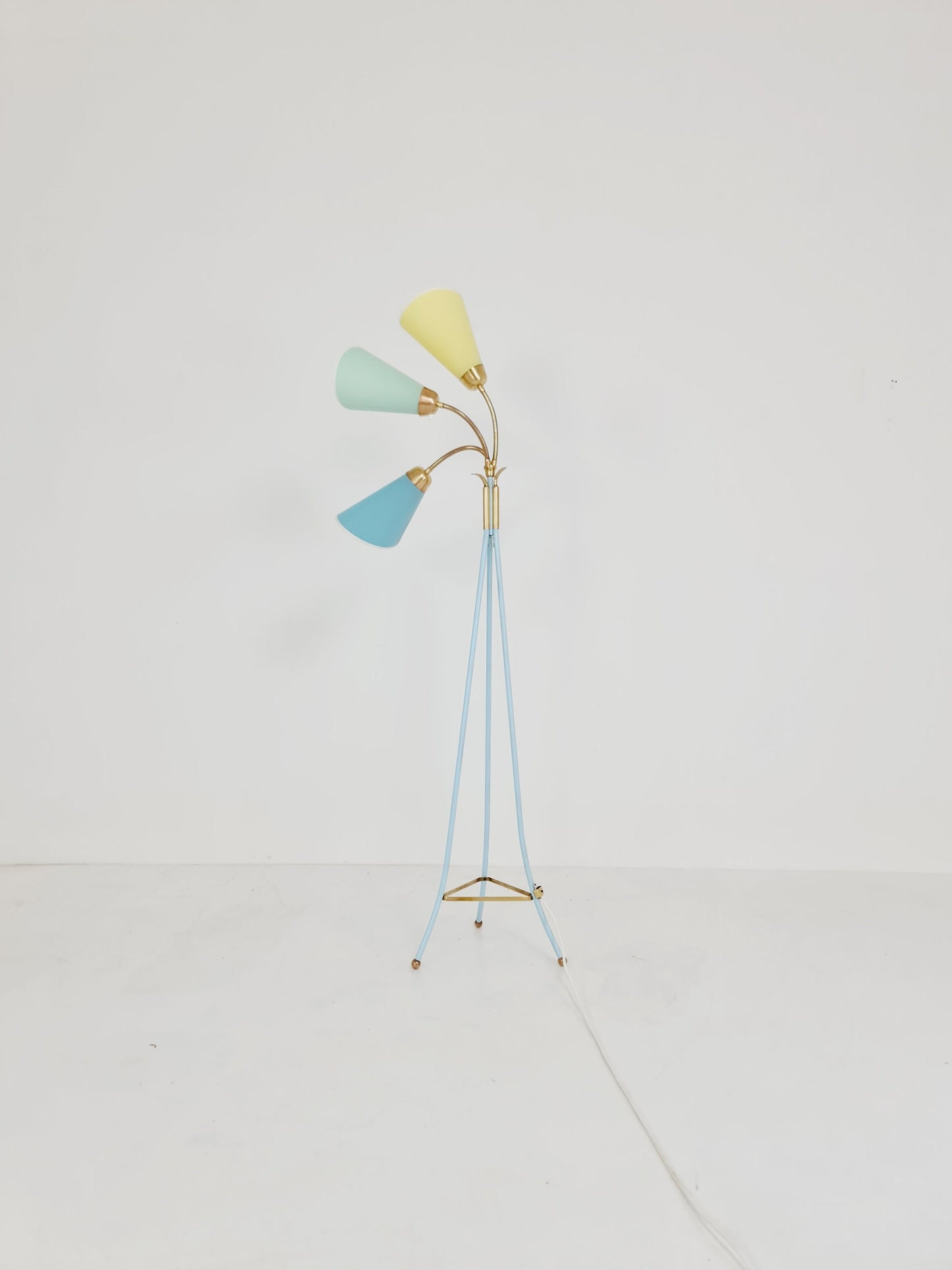 German Modern Colorful three flex arms brass floor lamp, tütenlampe, 1950s