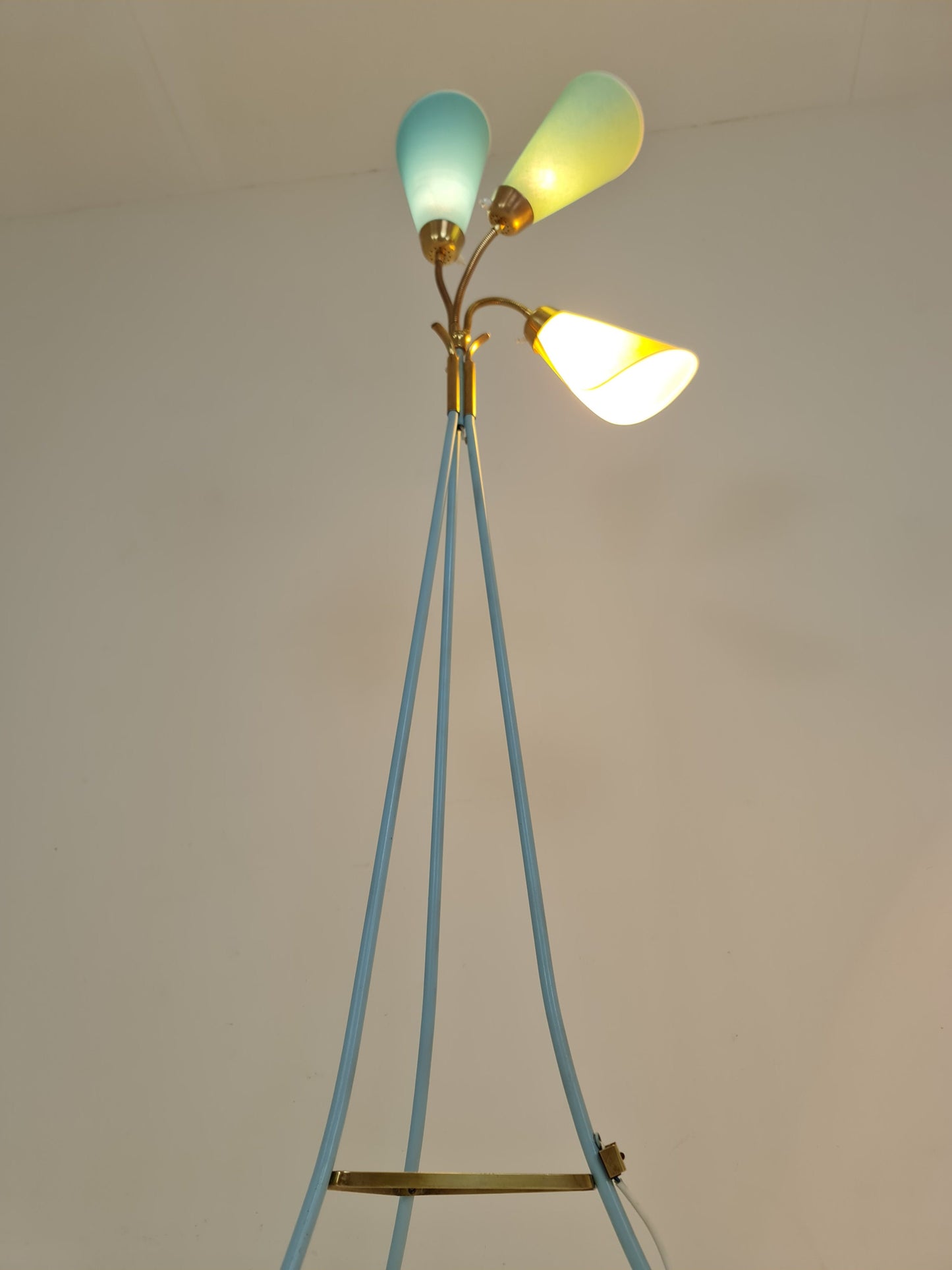 German Modern Colorful three flex arms brass floor lamp, tütenlampe, 1950s