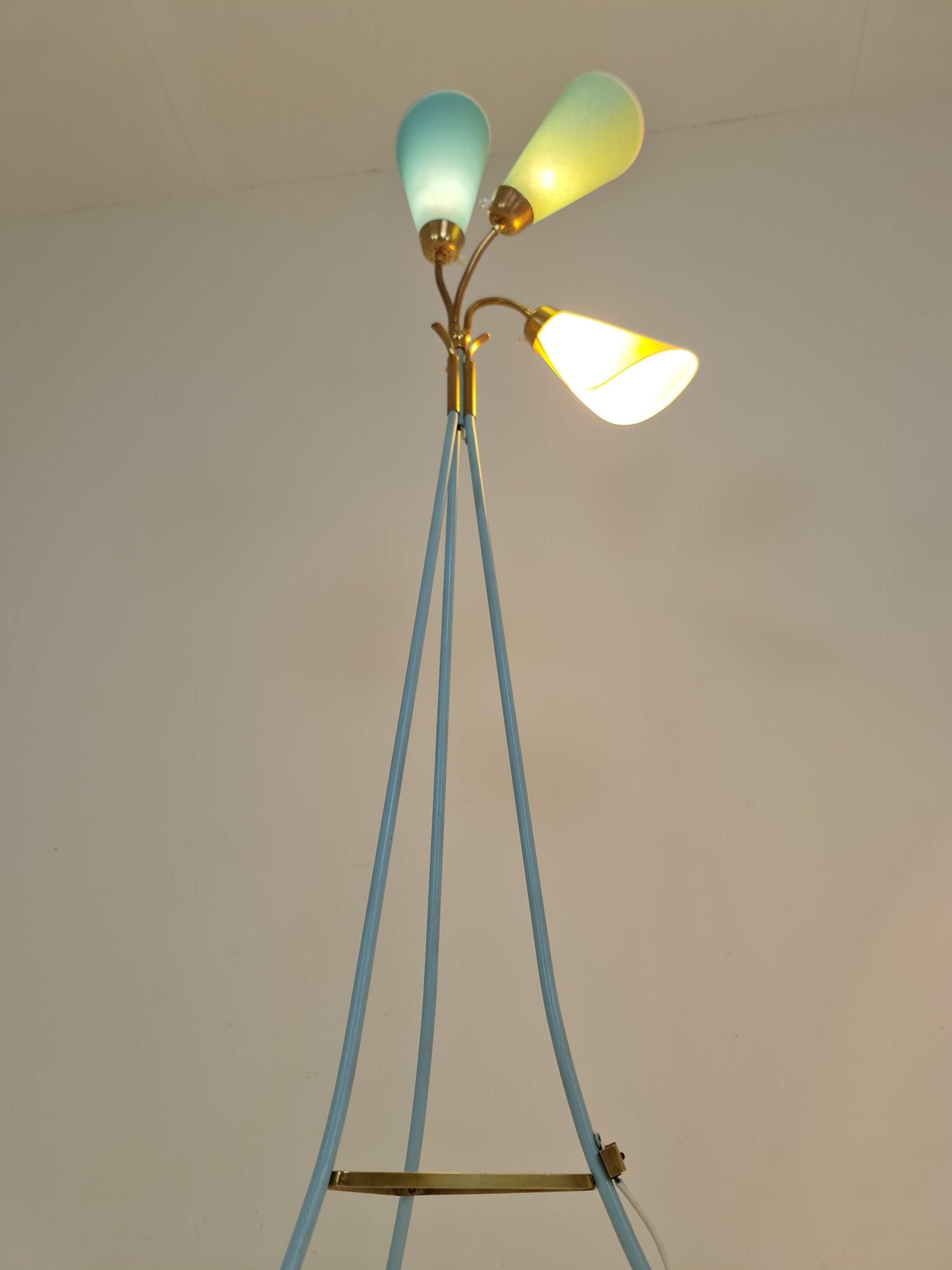 German Modern Colorful three flex arms brass floor lamp, tütenlampe, 1950s