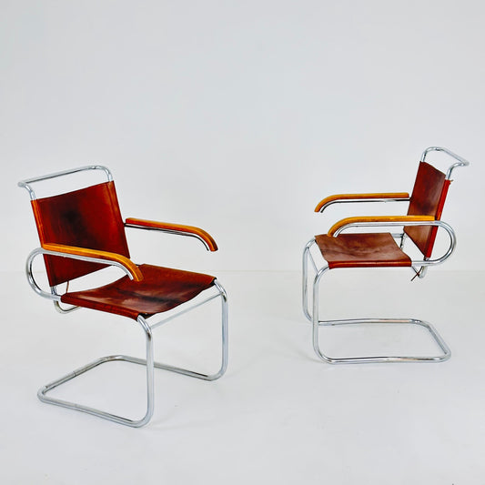 Set of 2 Mid century arm chairs set model B55 by Marcel Breuer & Anton Lorenz Italy