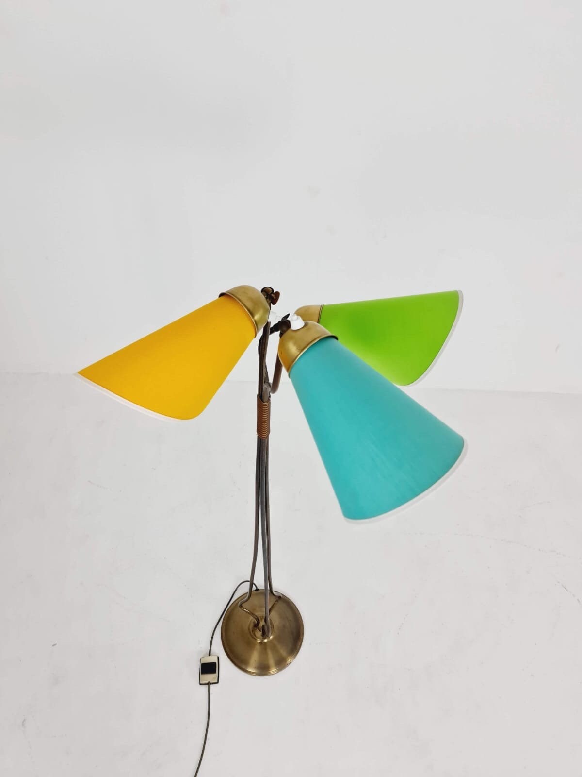 German modern three flex arms brass floor lamp, tütenlampe, 1950s