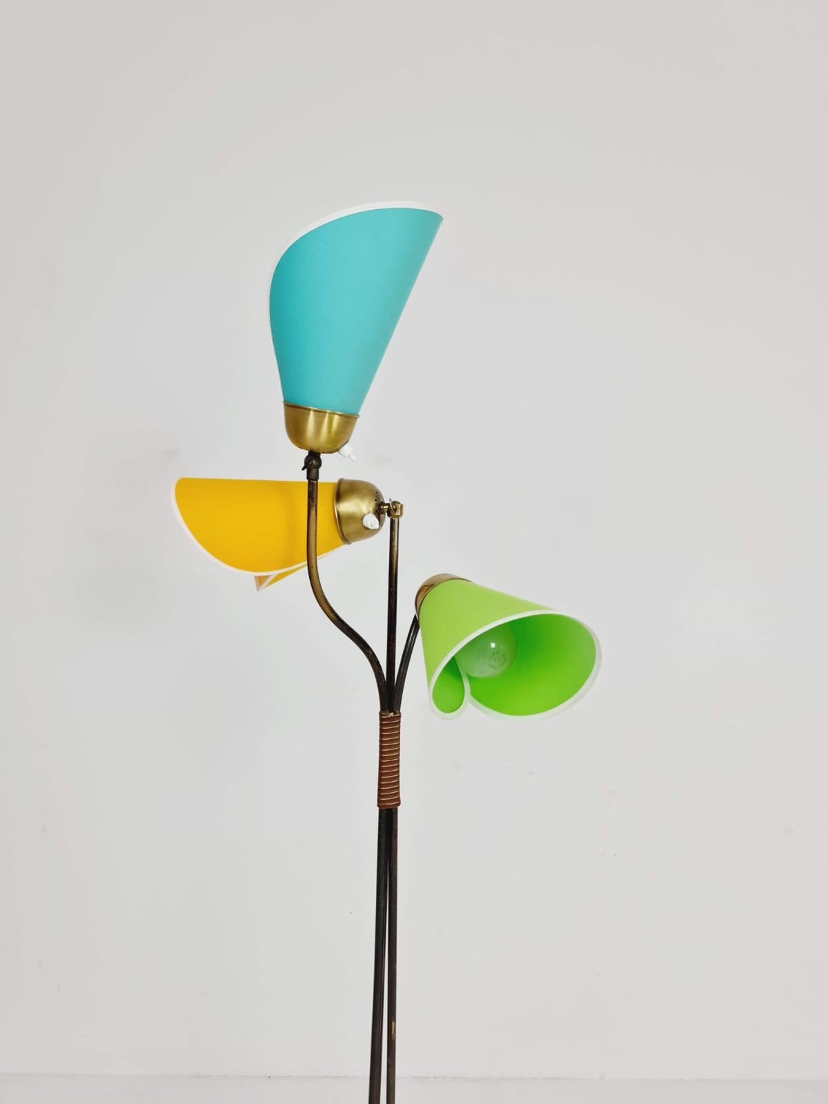 German modern three flex arms brass floor lamp, tütenlampe, 1950s