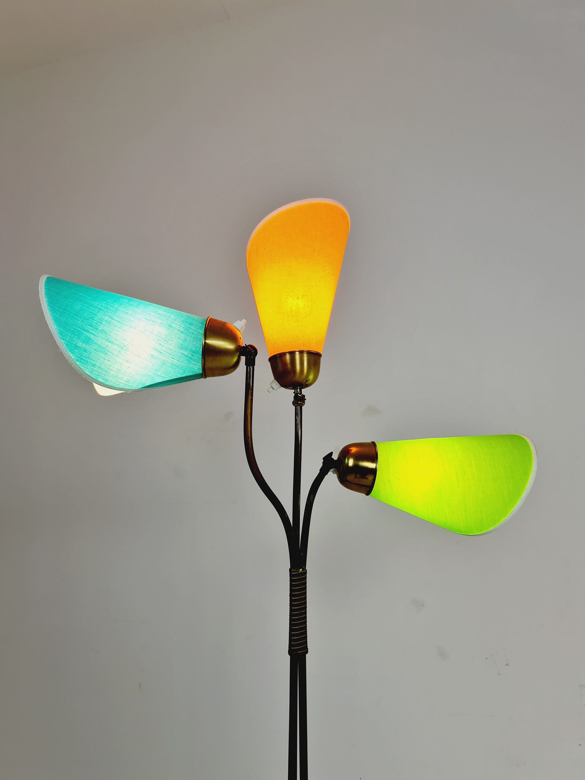 German modern three flex arms brass floor lamp, tütenlampe, 1950s