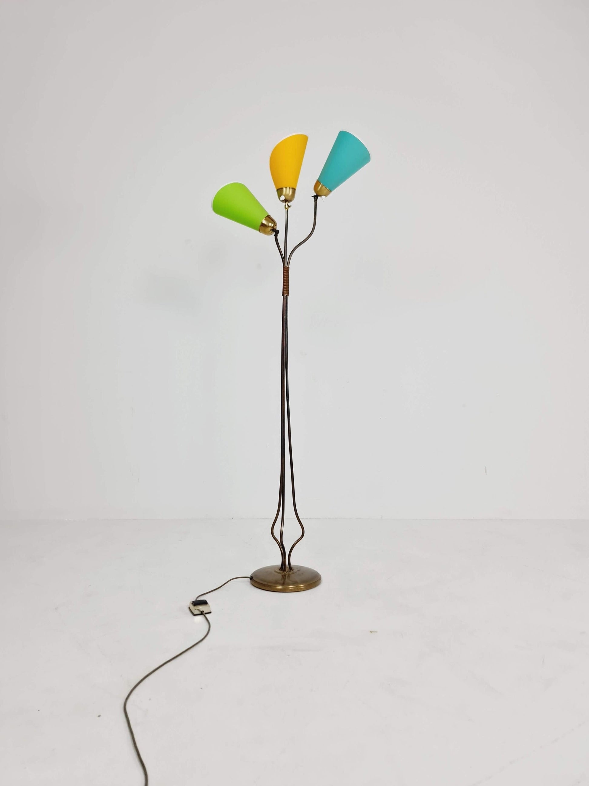 German modern three flex arms brass floor lamp, tütenlampe, 1950s