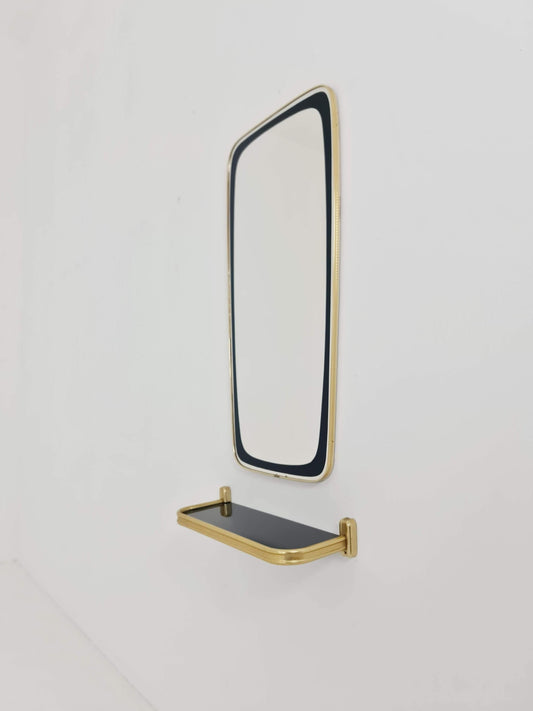 Mid-century Brass & Black Frame Minimalist Mirror and shelf , 1950s, Germany