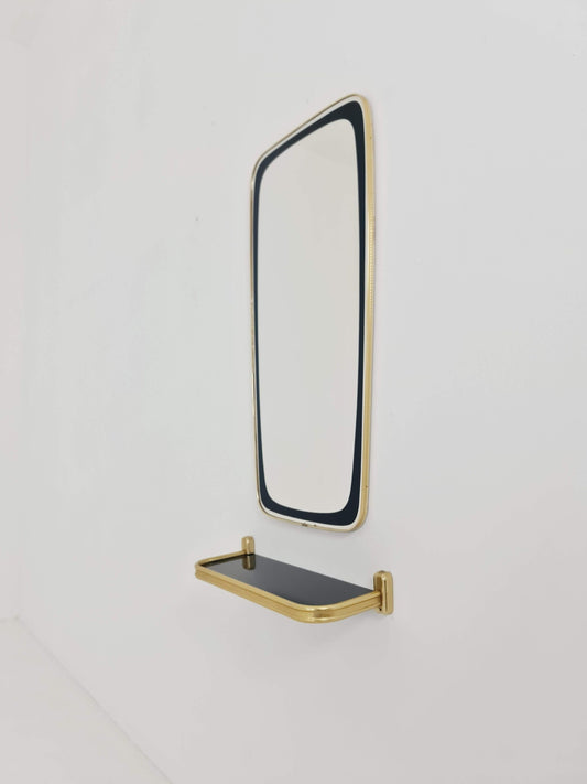 Mid-century Brass & Black Frame Minimalist Mirror and shelf , 1950s, Germany