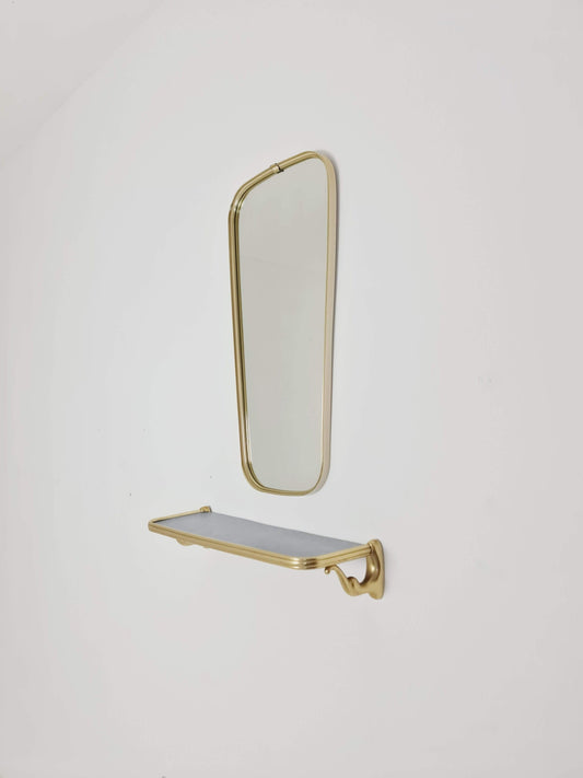 Mid-century Brass & Black Frame Minimalist Mirror and shelf , 1950s, Germany 