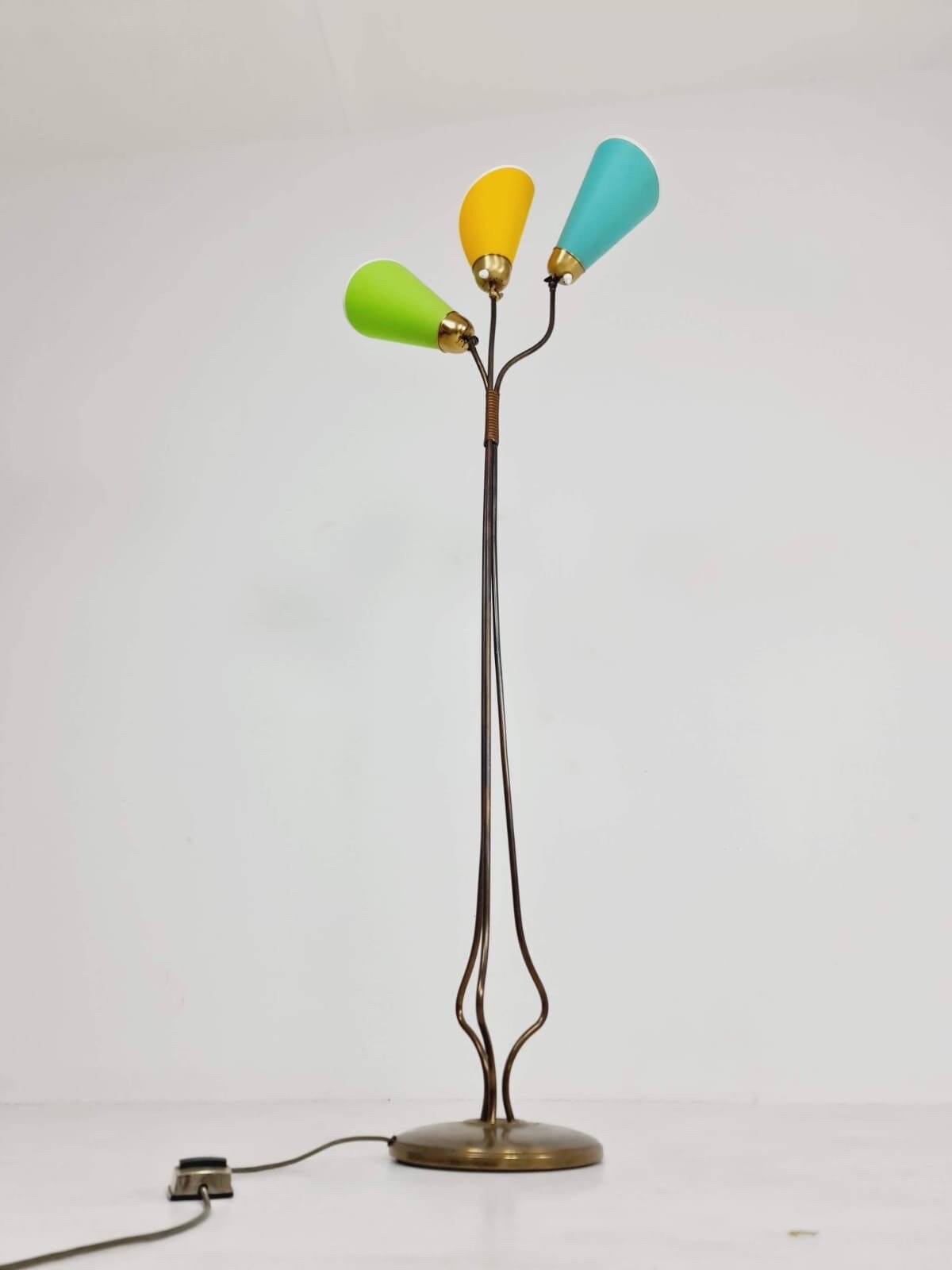 German modern three flex arms brass floor lamp, tütenlampe, 1950s