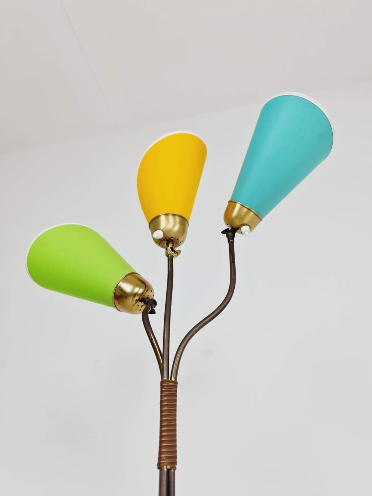 German modern three flex arms brass floor lamp, tütenlampe, 1950s