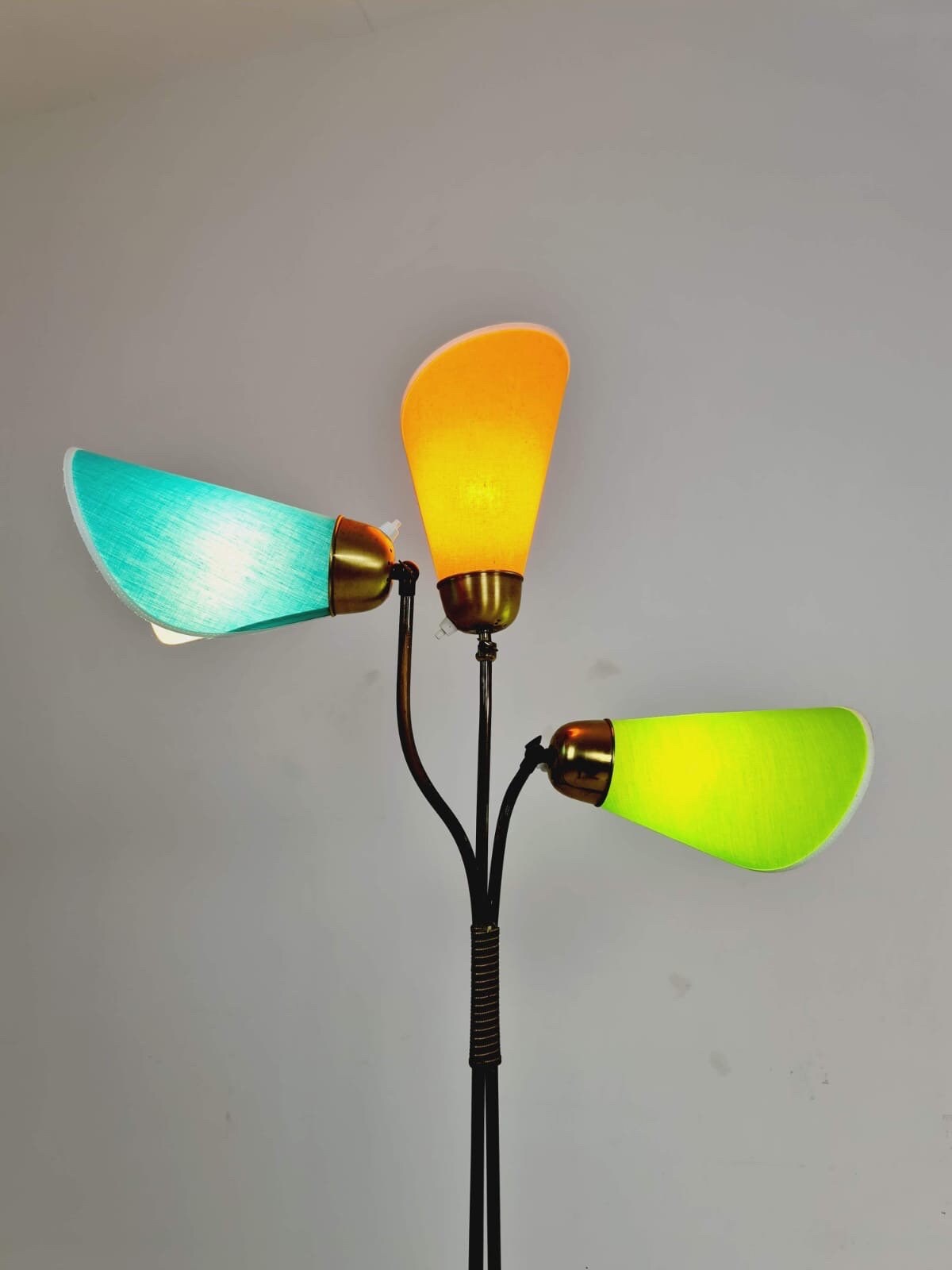 German modern three flex arms brass floor lamp, tütenlampe, 1950s