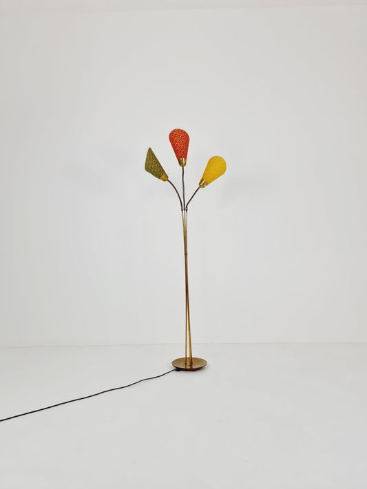 German Modern three flex arms brass floor lamp, tütenlampe, 1950s