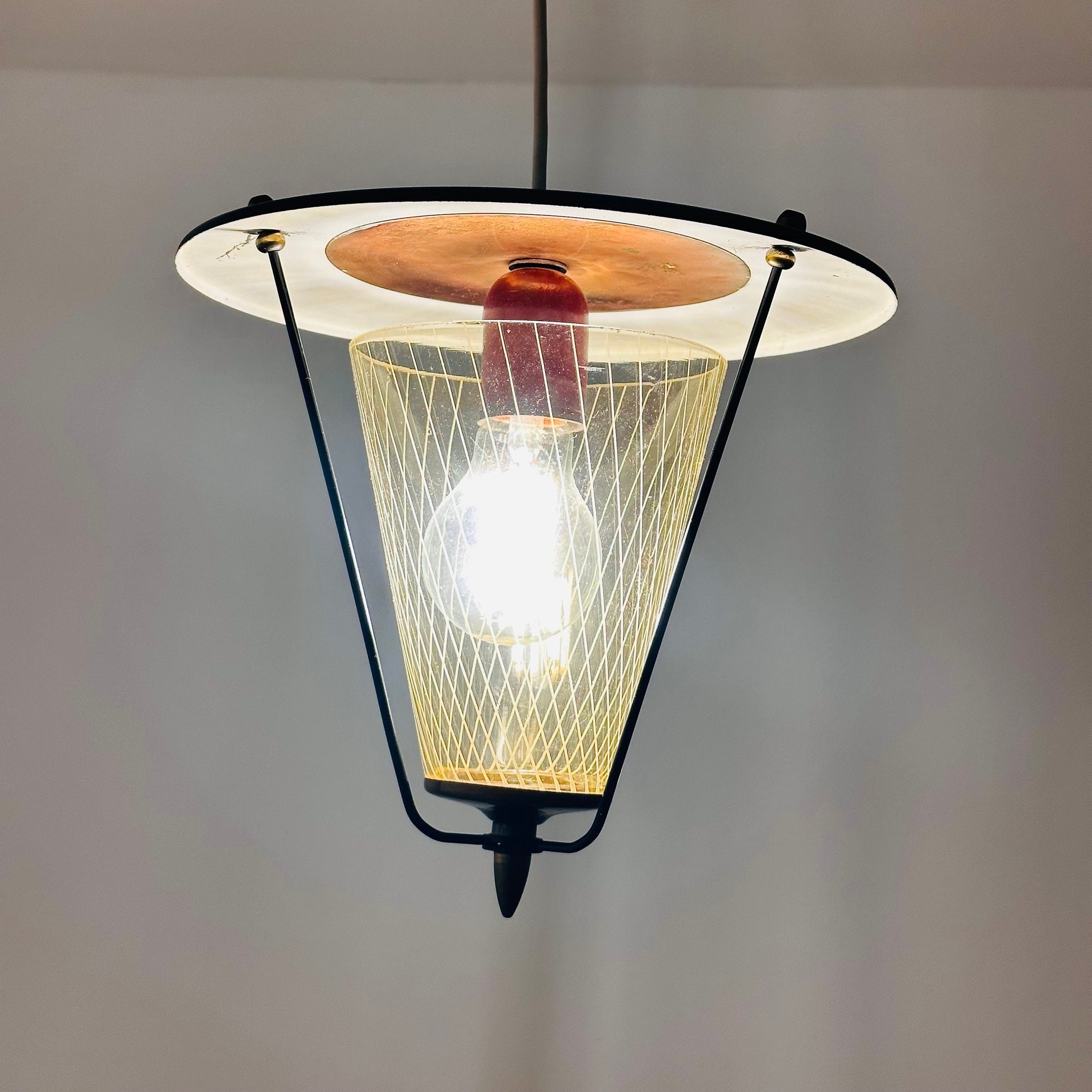 Vintage metal and opalin glass pendant lamp, 1950s