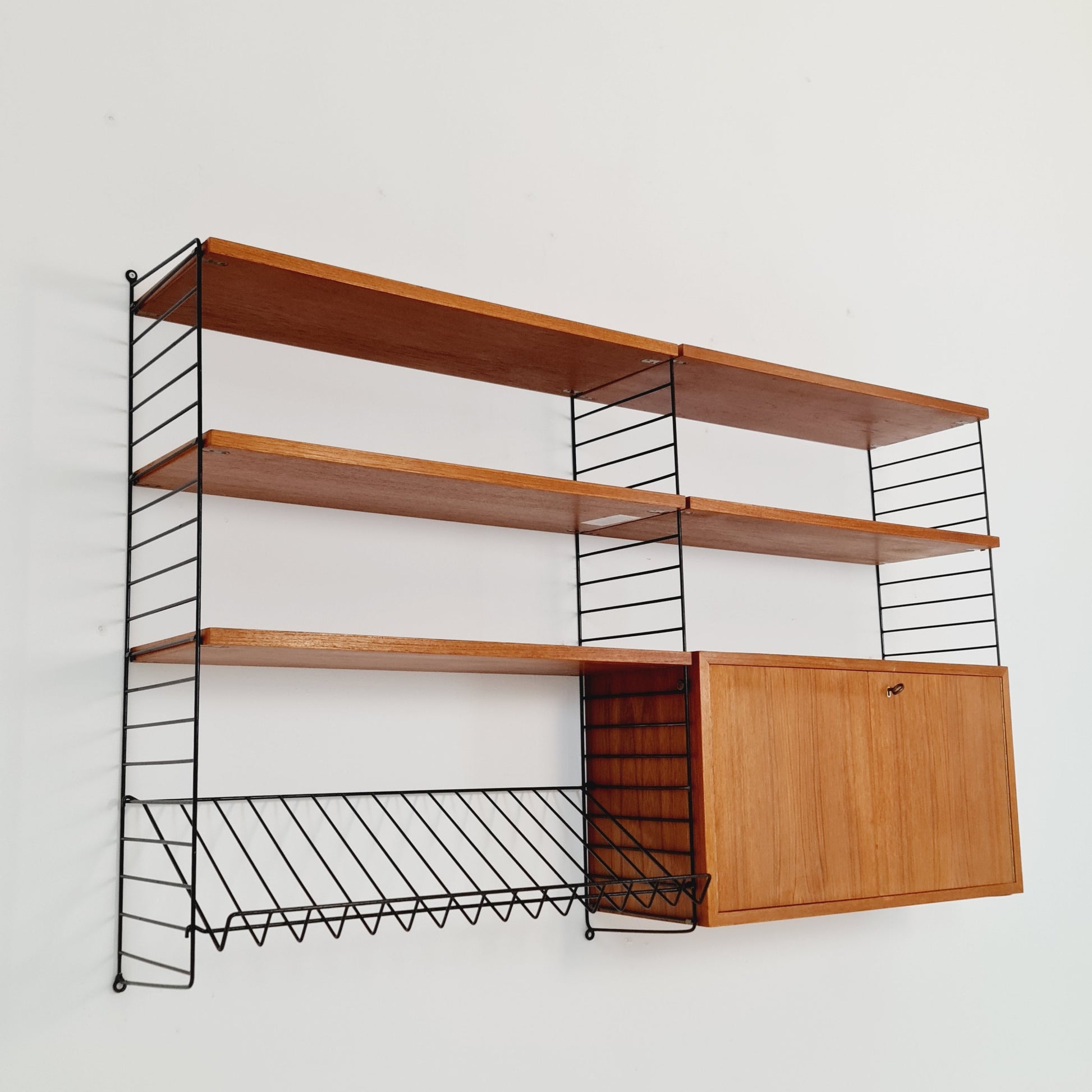 Wall-mounted original Swedish string shelf-system, drawers, bookcase teak by Nils & Kajsa Strinning, 1960s