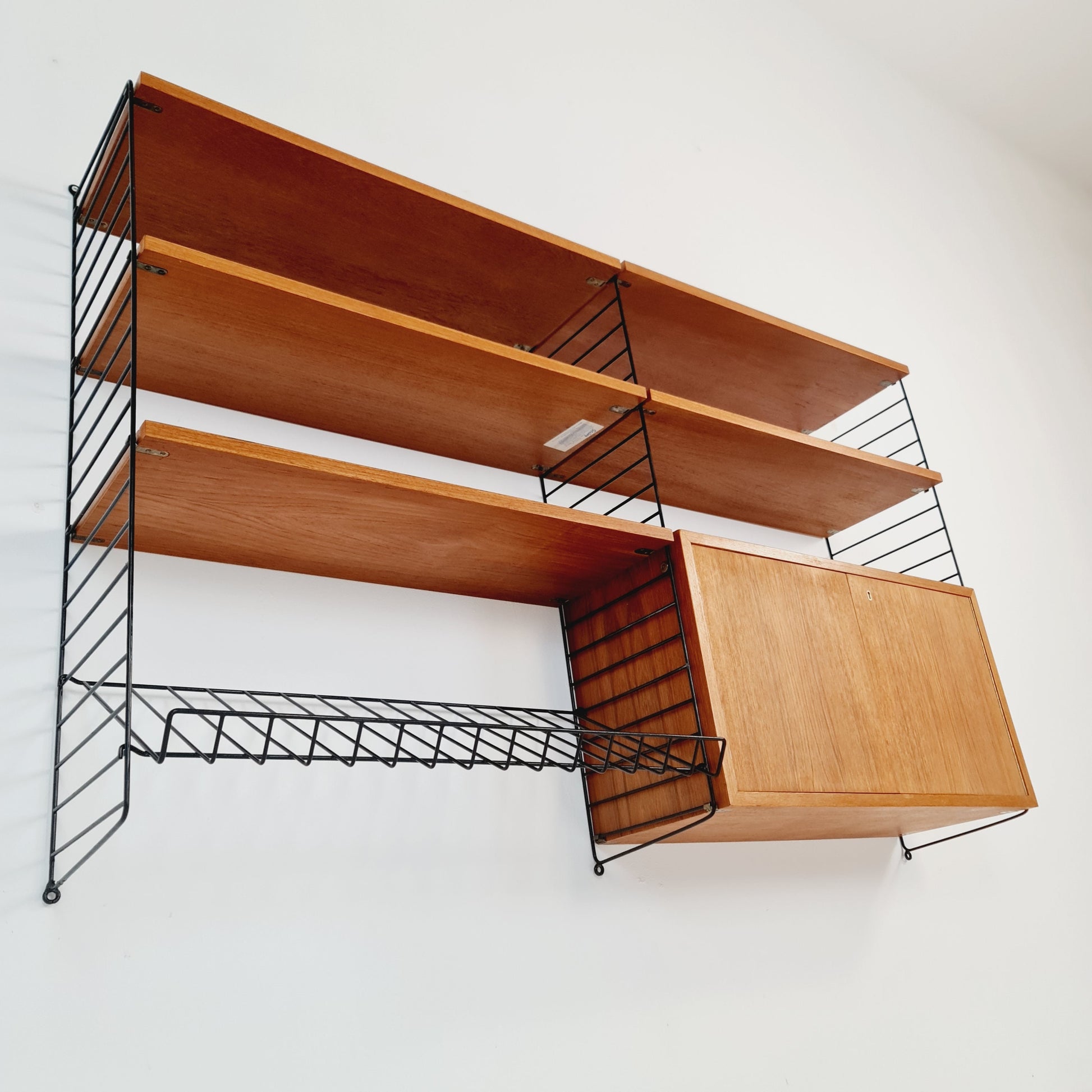 Wall-mounted original Swedish string shelf-system, drawers, bookcase teak by Nils & Kajsa Strinning, 1960s