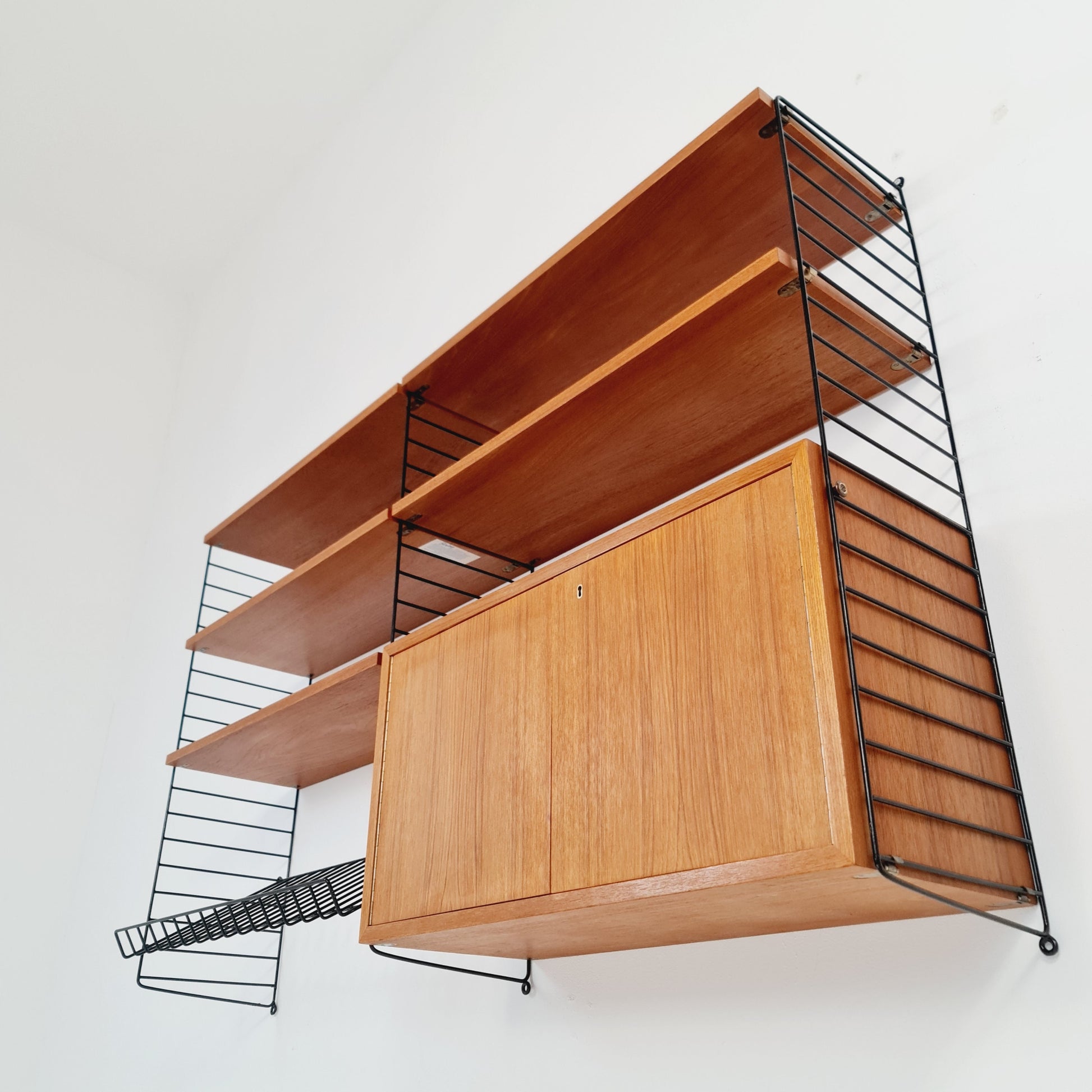 Wall-mounted original Swedish string shelf-system, drawers, bookcase teak by Nils & Kajsa Strinning, 1960s