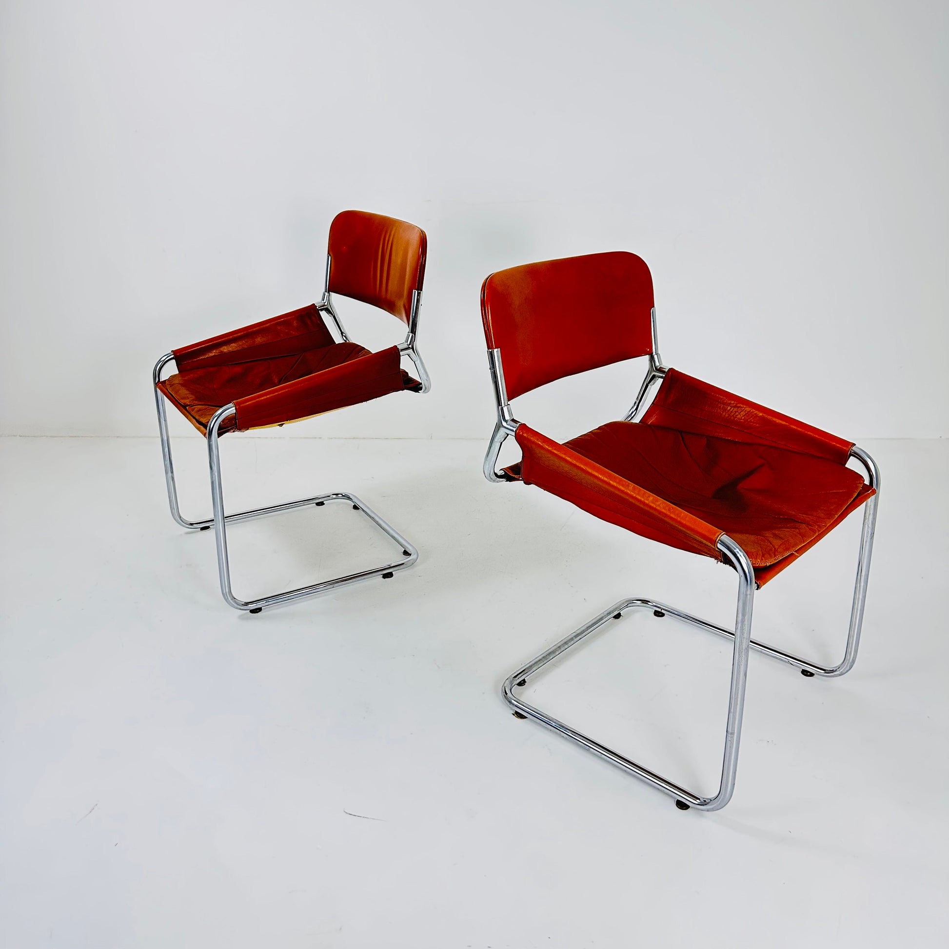 1 of 2 Italian Cognac Leather & Chrome Tubular Sling Chair | 1970s Mid-Century Modern