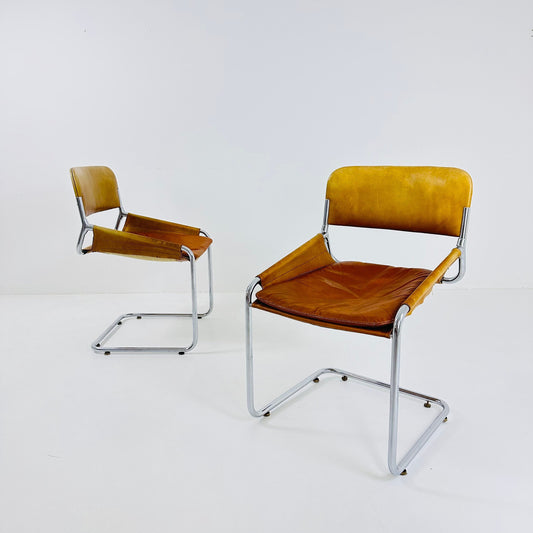 Set of 2 cognac Leather & chrome tubular sling chair, Italy 1970s