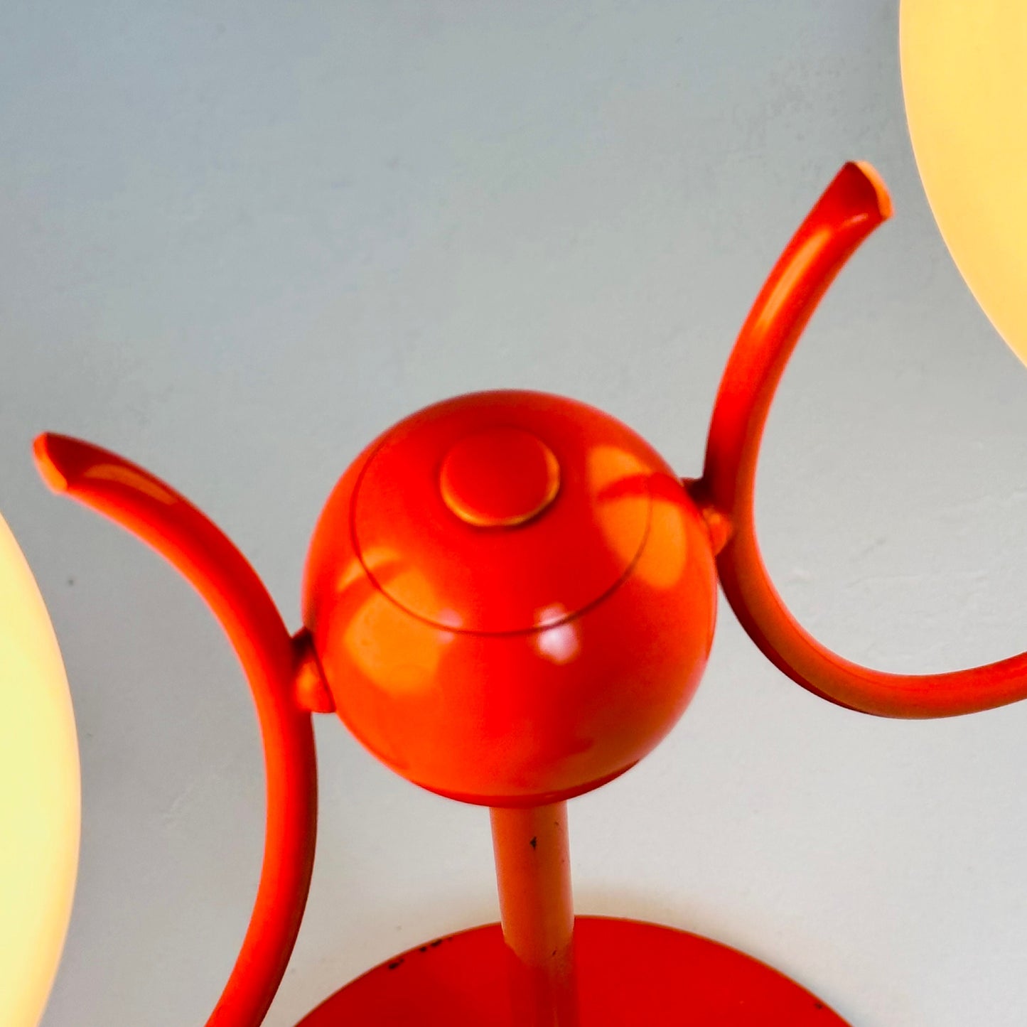 Opaline glass, orange tulip shaped base makes this stunning space age mid century table lamp . Made by Kaiser Leuchten, Germany 1970s