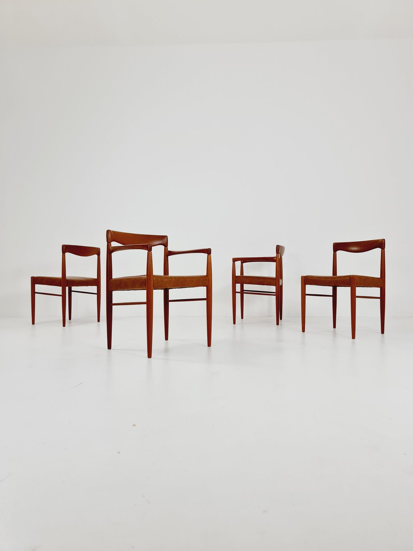 Danish teak & congac faux leder fabric dining chairs by H. W. Klein for Bramin, 1960s, set of 4