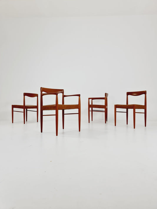 Danish teak & congac faux leder fabric dining chairs by H. W. Klein for Bramin, 1960s, set of 4