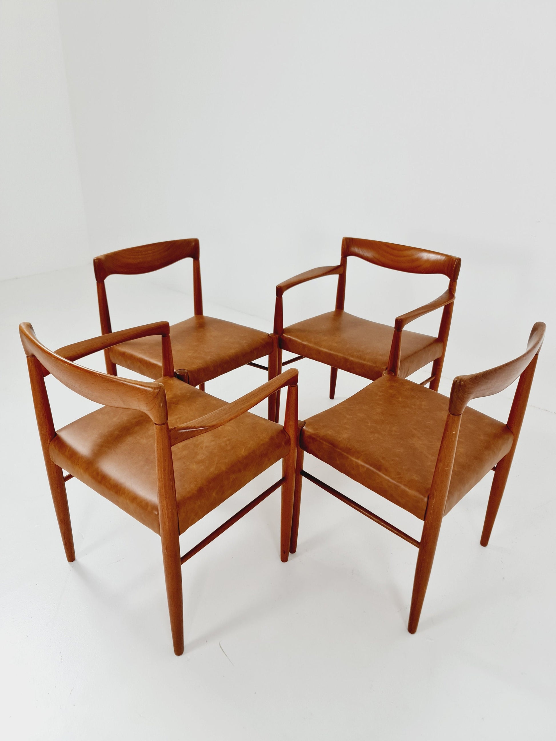 Danish teak & congac faux leder fabric dining chairs by H. W. Klein for Bramin, 1960s, set of 4