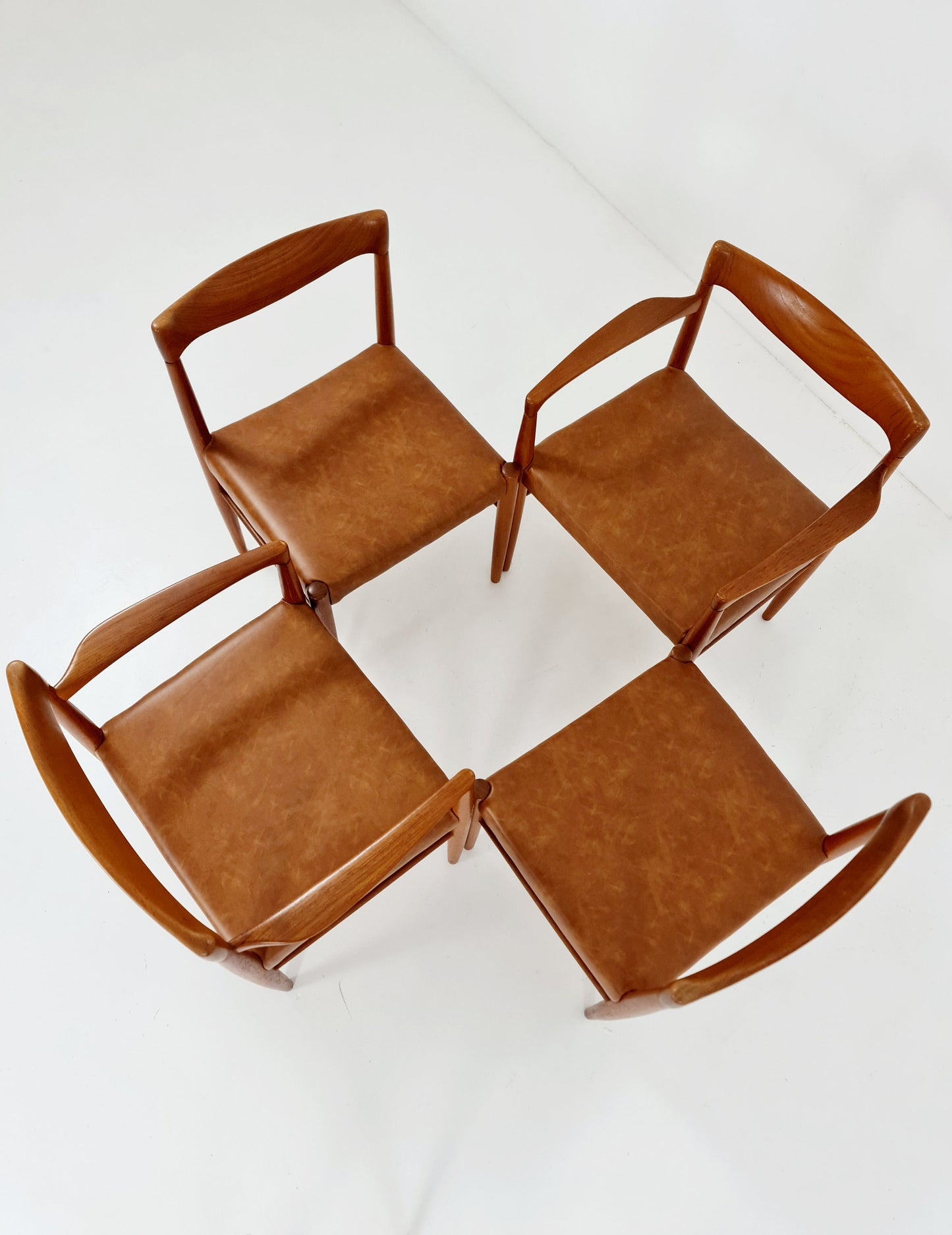 Danish teak & congac faux leder fabric dining chairs by H. W. Klein for Bramin, 1960s, set of 4