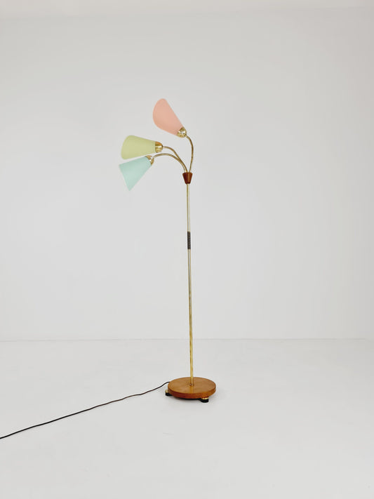German Modern three flex arms brass & wood floor lamp, tütenlampe, 1950s