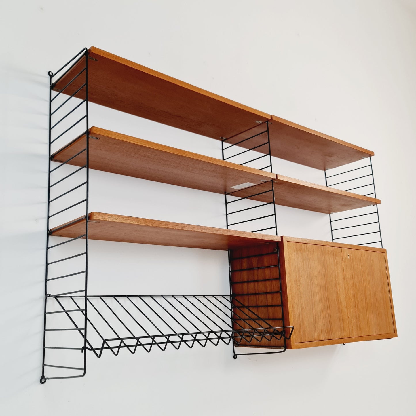 Wall-mounted original Swedish string shelf-system, drawers, bookcase teak by Nils & Kajsa Strinning, 1960s