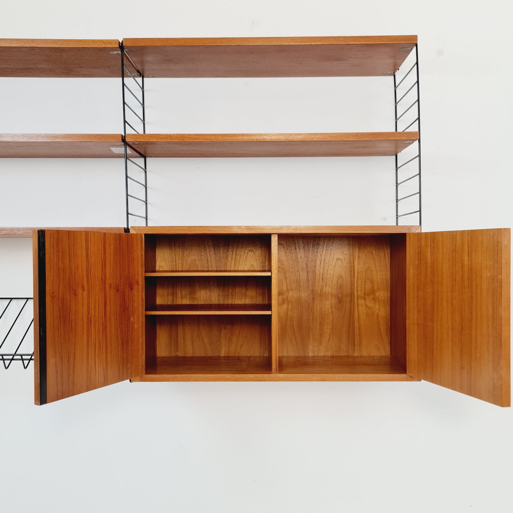 Wall-mounted original Swedish string shelf-system, drawers, bookcase teak by Nils & Kajsa Strinning, 1960s