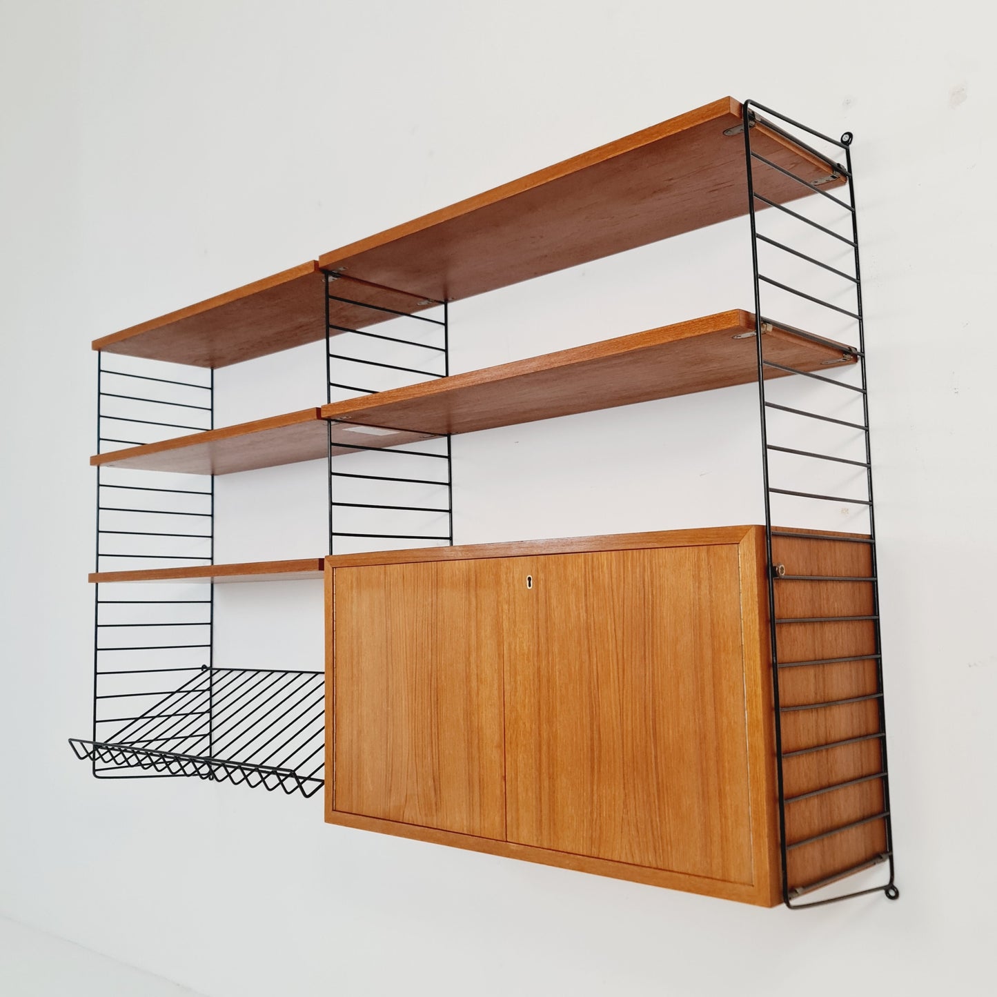 Wall-mounted original Swedish string shelf-system, drawers, bookcase teak by Nils & Kajsa Strinning, 1960s
