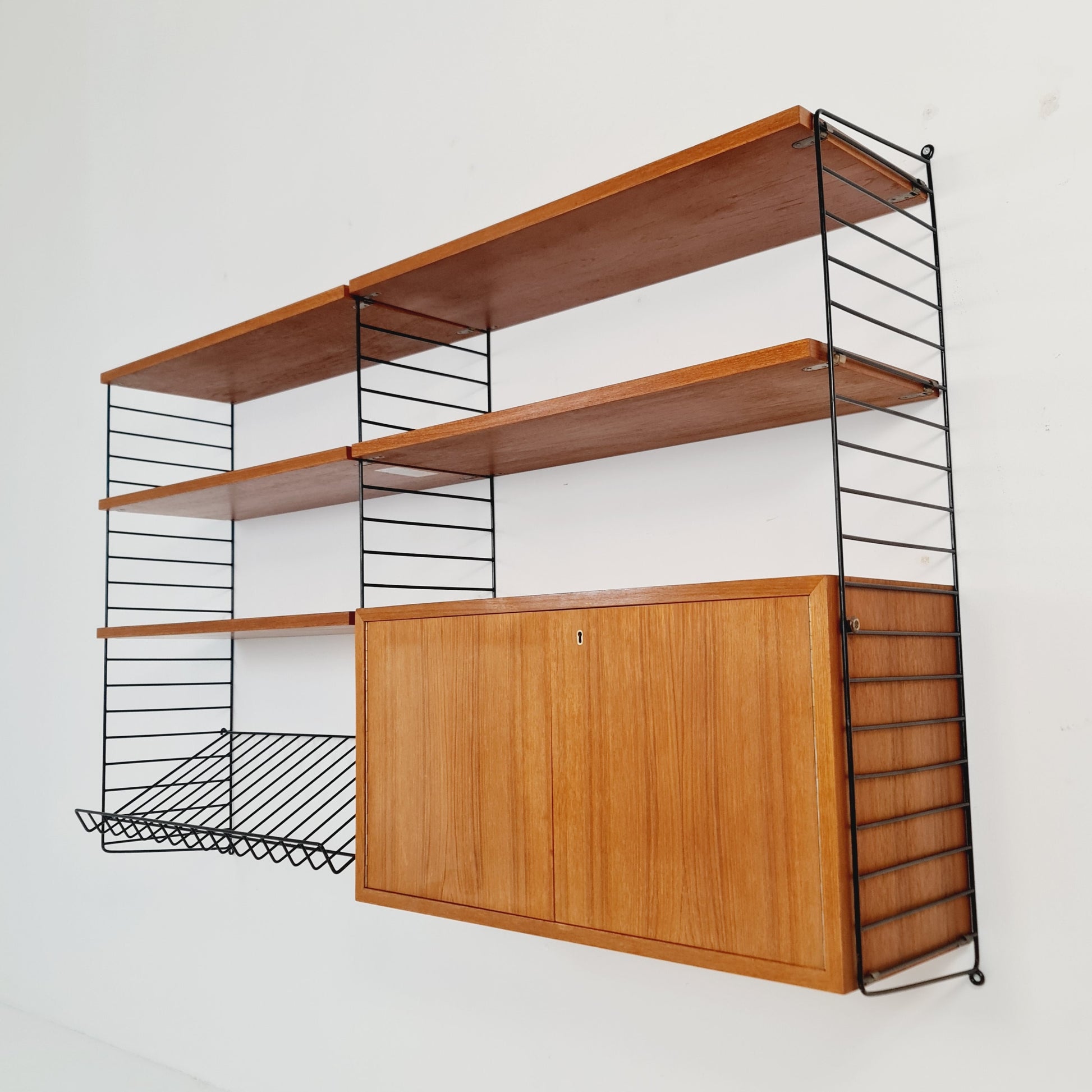 Wall-mounted original Swedish string shelf-system, drawers, bookcase teak by Nils & Kajsa Strinning, 1960s