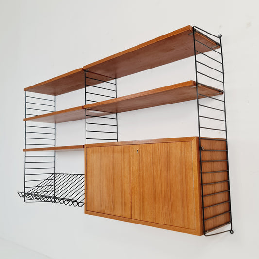 Wall-mounted original Swedish string shelf-system, drawers, bookcase teak by Nils & Kajsa Strinning, 1960s