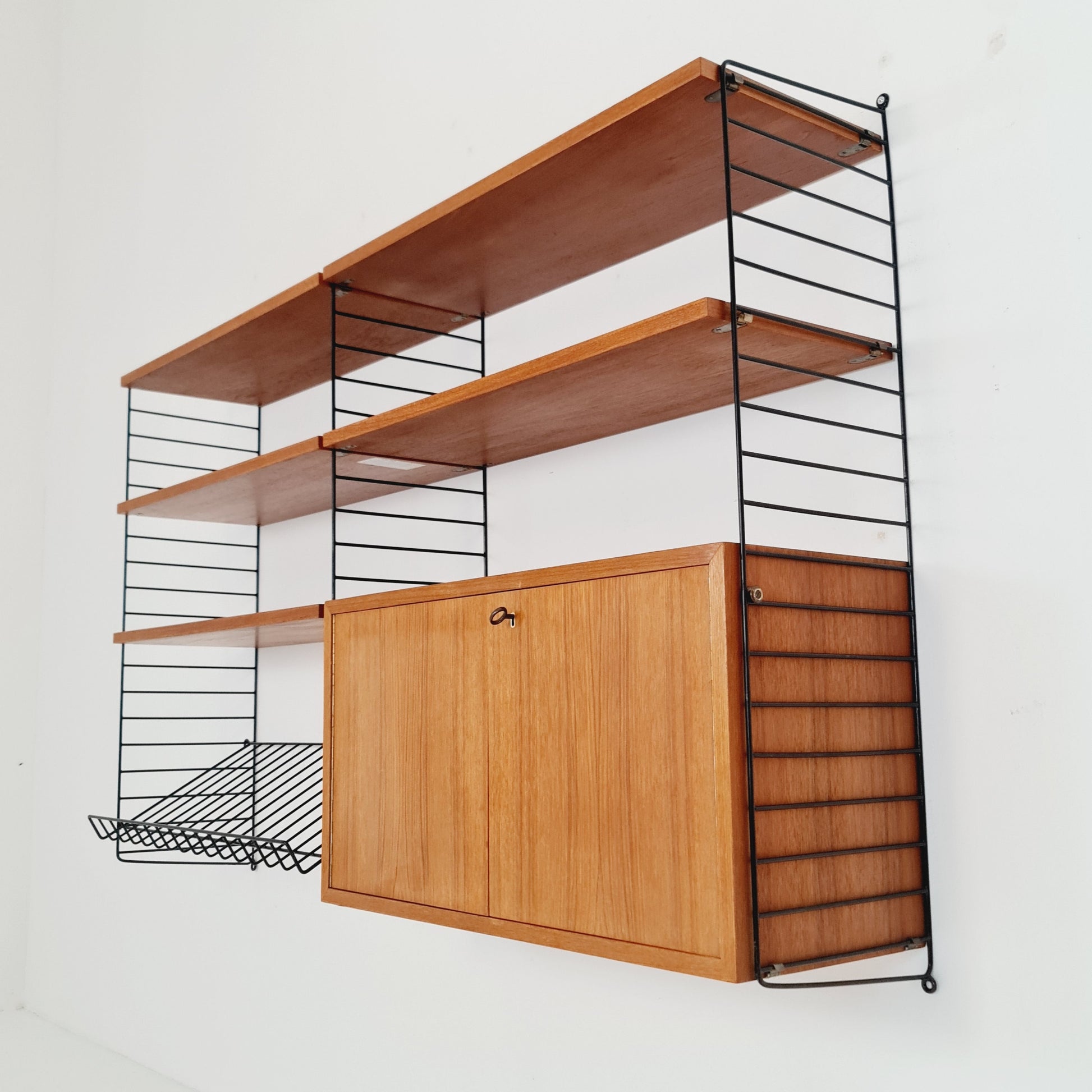 Wall-mounted original Swedish string shelf-system, drawers, bookcase teak by Nils & Kajsa Strinning, 1960s