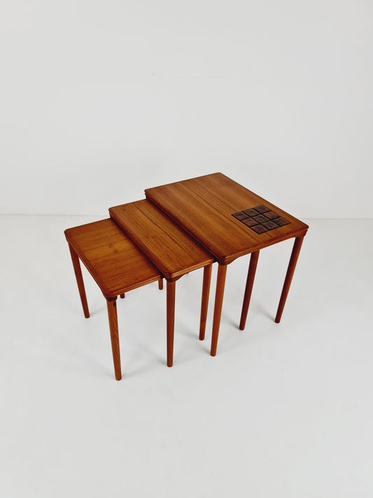 Midcentury danish teak + ceramic nesting tables/ side tables by Salin Möbler, 1960s