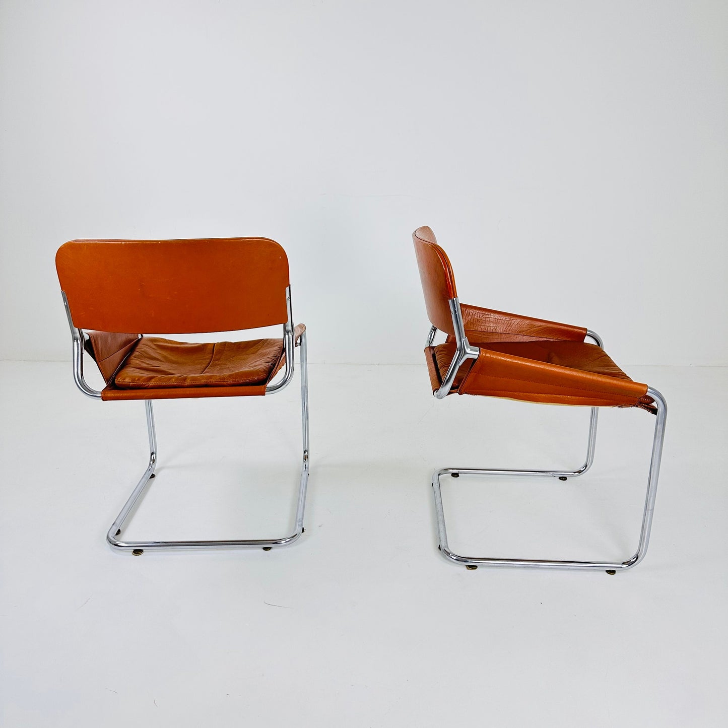 1 of 2 Italian Cognac Leather & Chrome Tubular Sling Chair | 1970s Mid-Century Modern