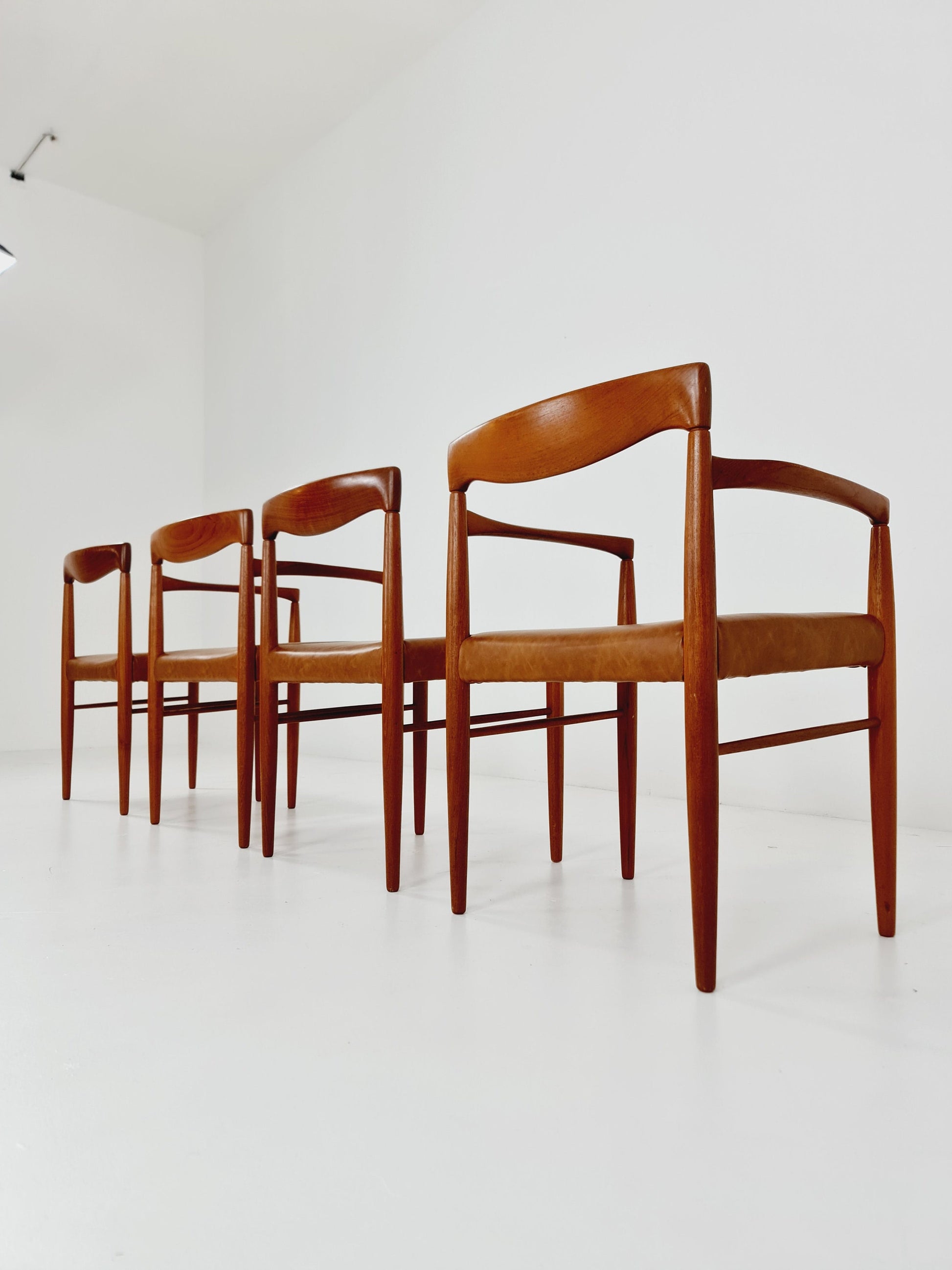 Danish teak & congac faux leder fabric dining chairs by H. W. Klein for Bramin, 1960s, set of 4