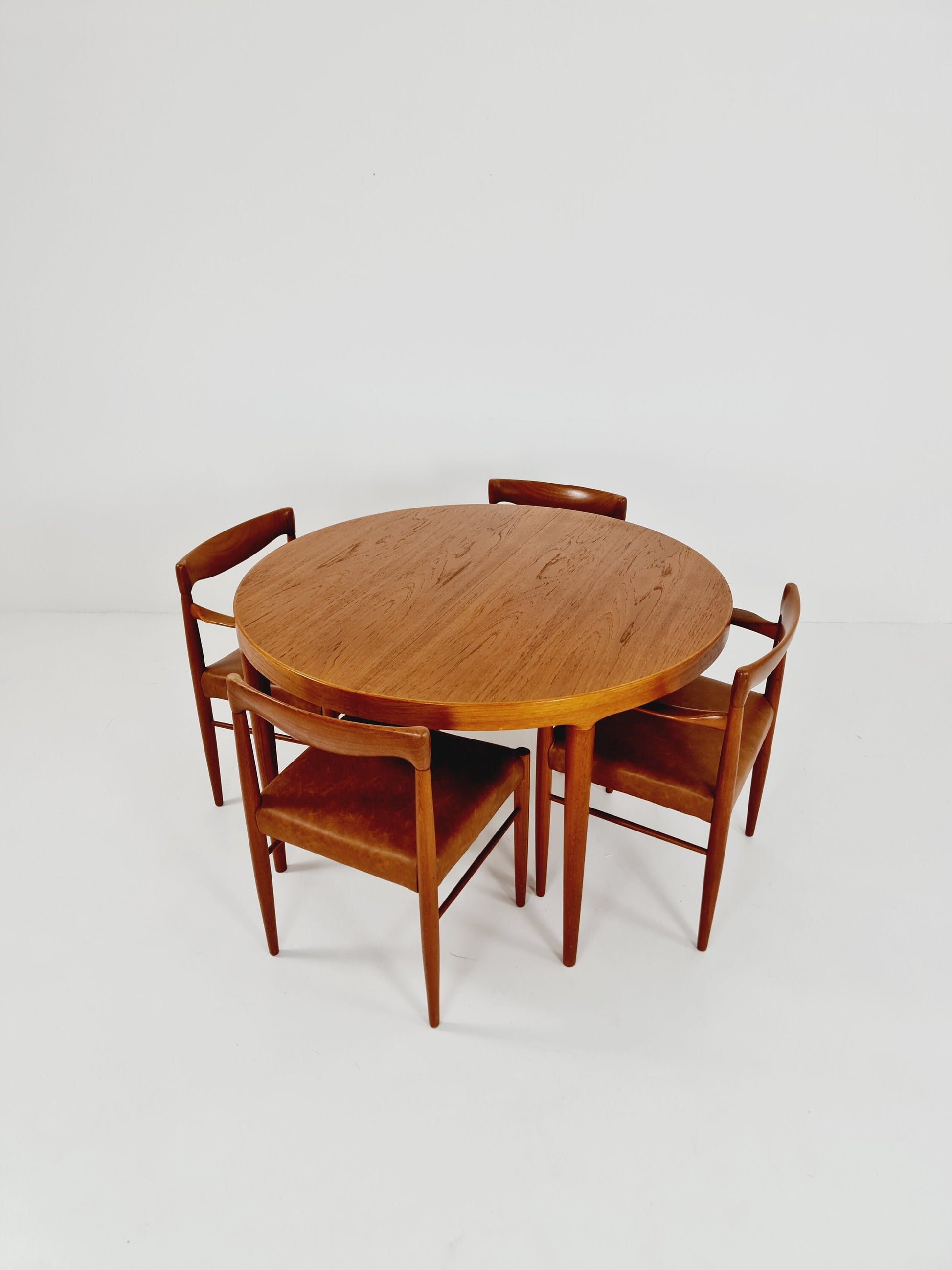 Danish teak & congac faux leder fabric dining chairs by H. W. Klein for Bramin, 1960s, set of 4