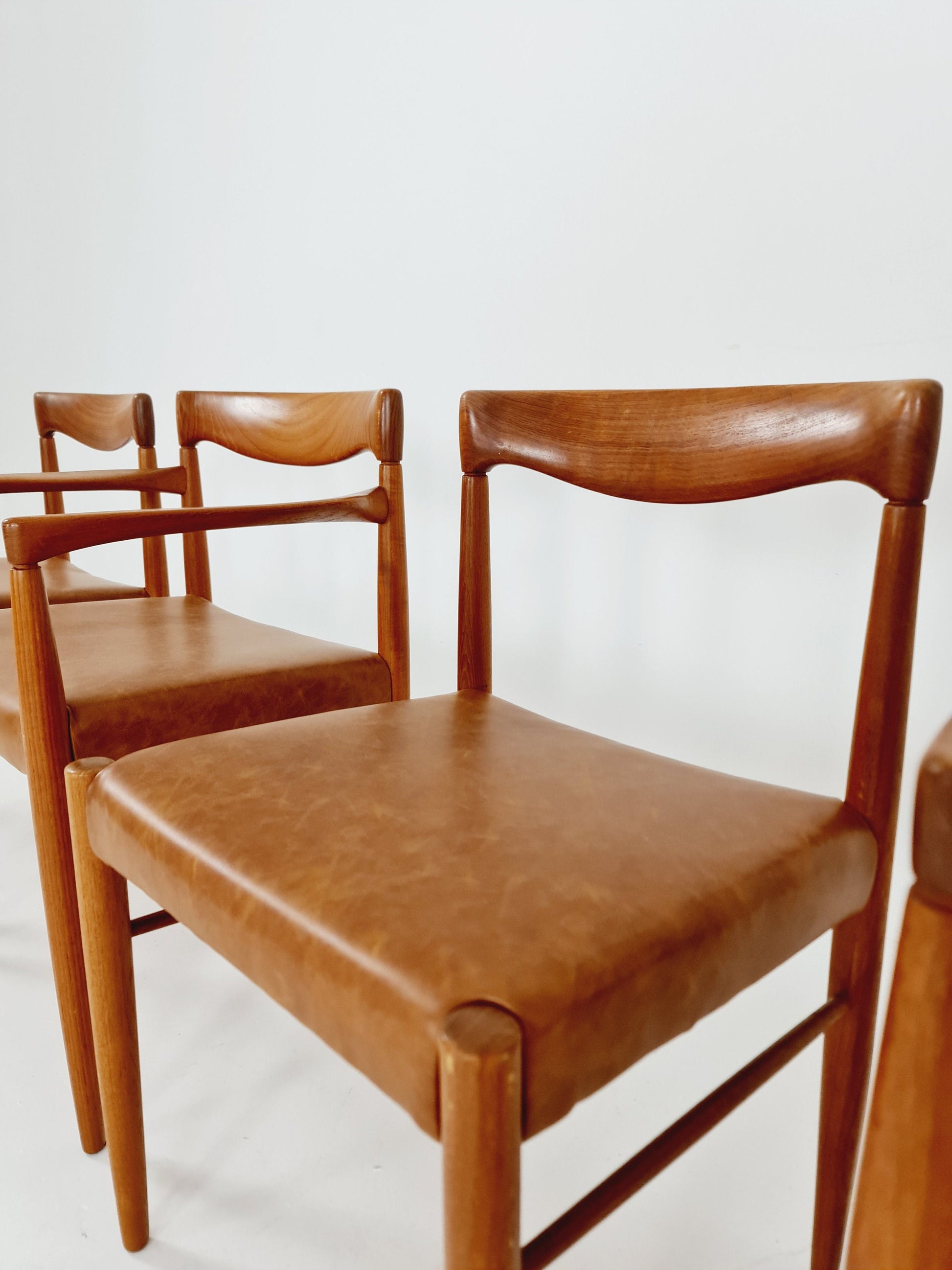 Danish teak & congac faux leder fabric dining chairs by H. W. Klein for Bramin, 1960s, set of 4