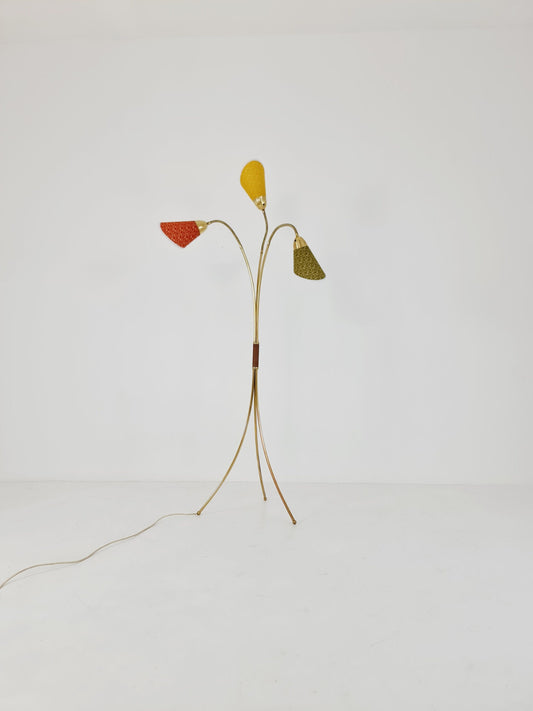 Rare German Modern Colorful three flex arms brass floor lamp, tütenlampe, 1950s